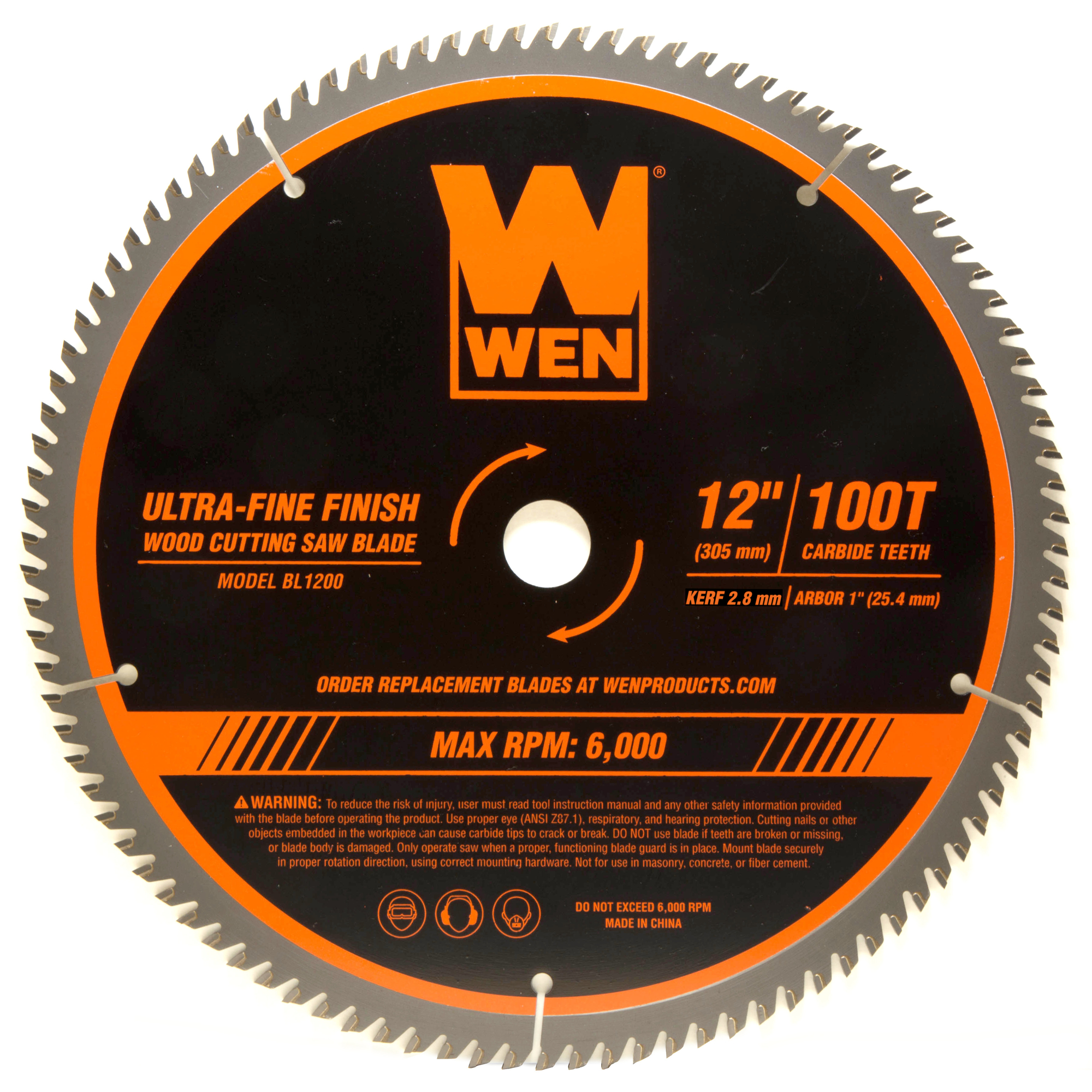 WEN, 12Inch 100-Tooth Carbide-Tipped Woodworking Saw Blade, Blade Diameter 12 in, Included (qty.) 1, Model BL1200