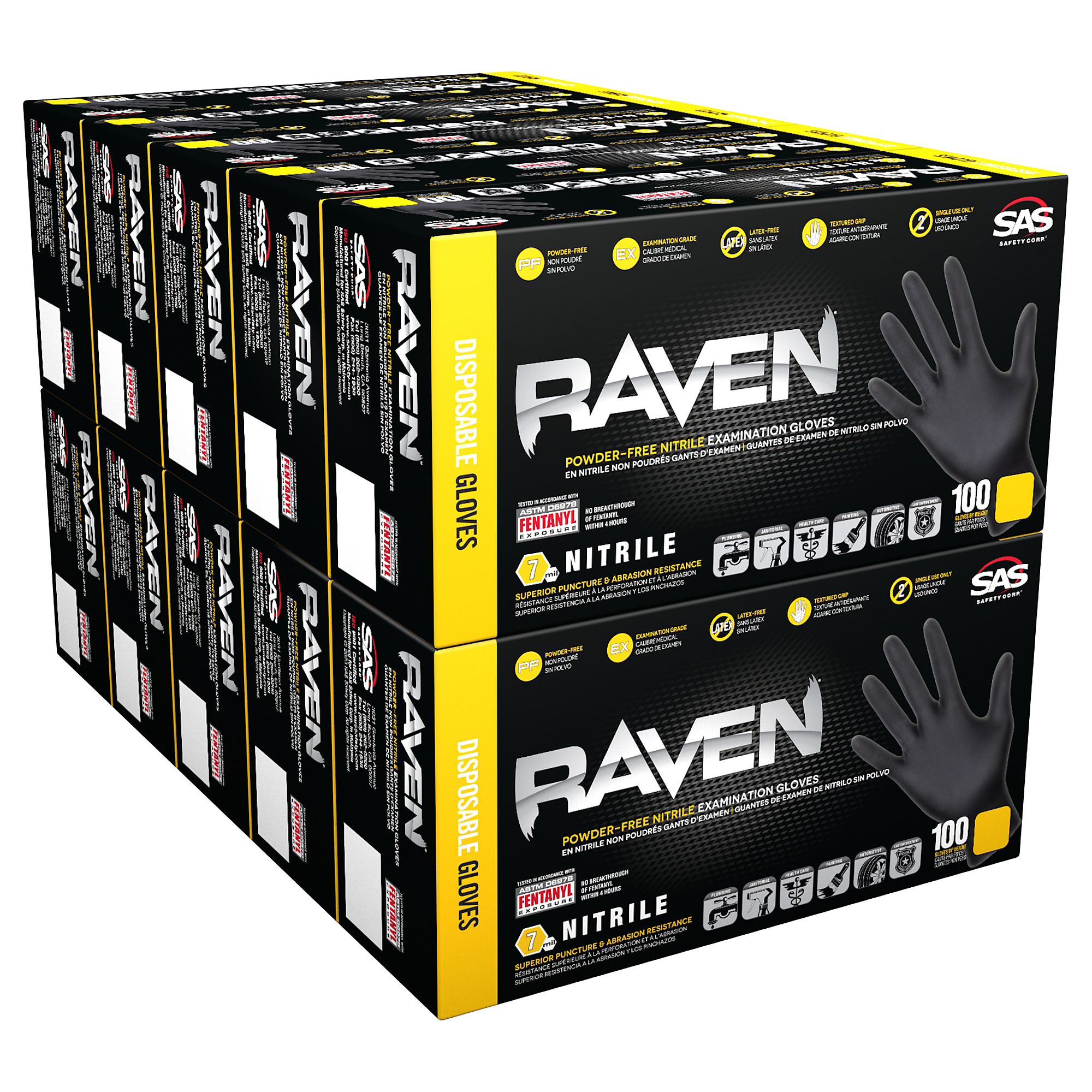 Raven, 1000 Raven Disposable Gloves PF Nitrile 7mil Exam, Size L, Color Black, Included (qty.) 1000 Model 66518CASE