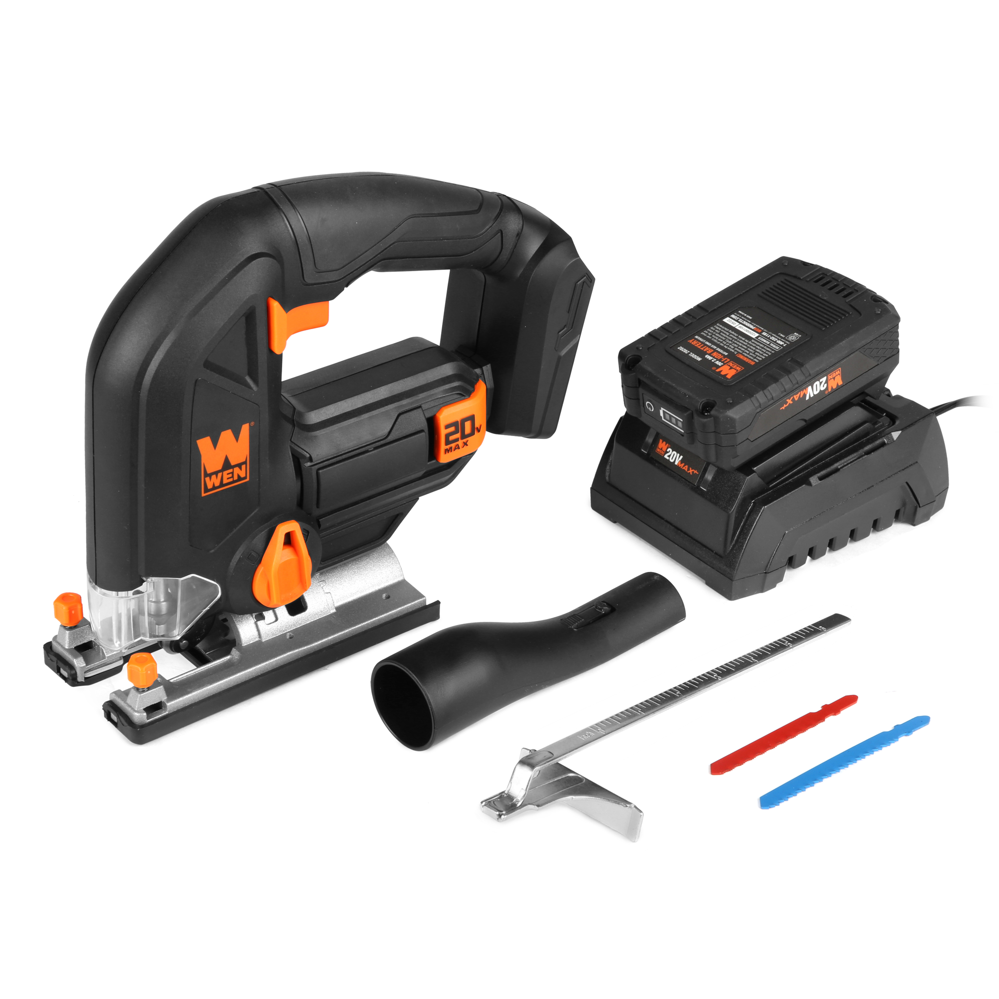 WEN, 20V Max Cordless Jigsaw, 2.0 Ah Battery Charger, Strokes per Minute 2400 SPM, Volts 20, Model 20661