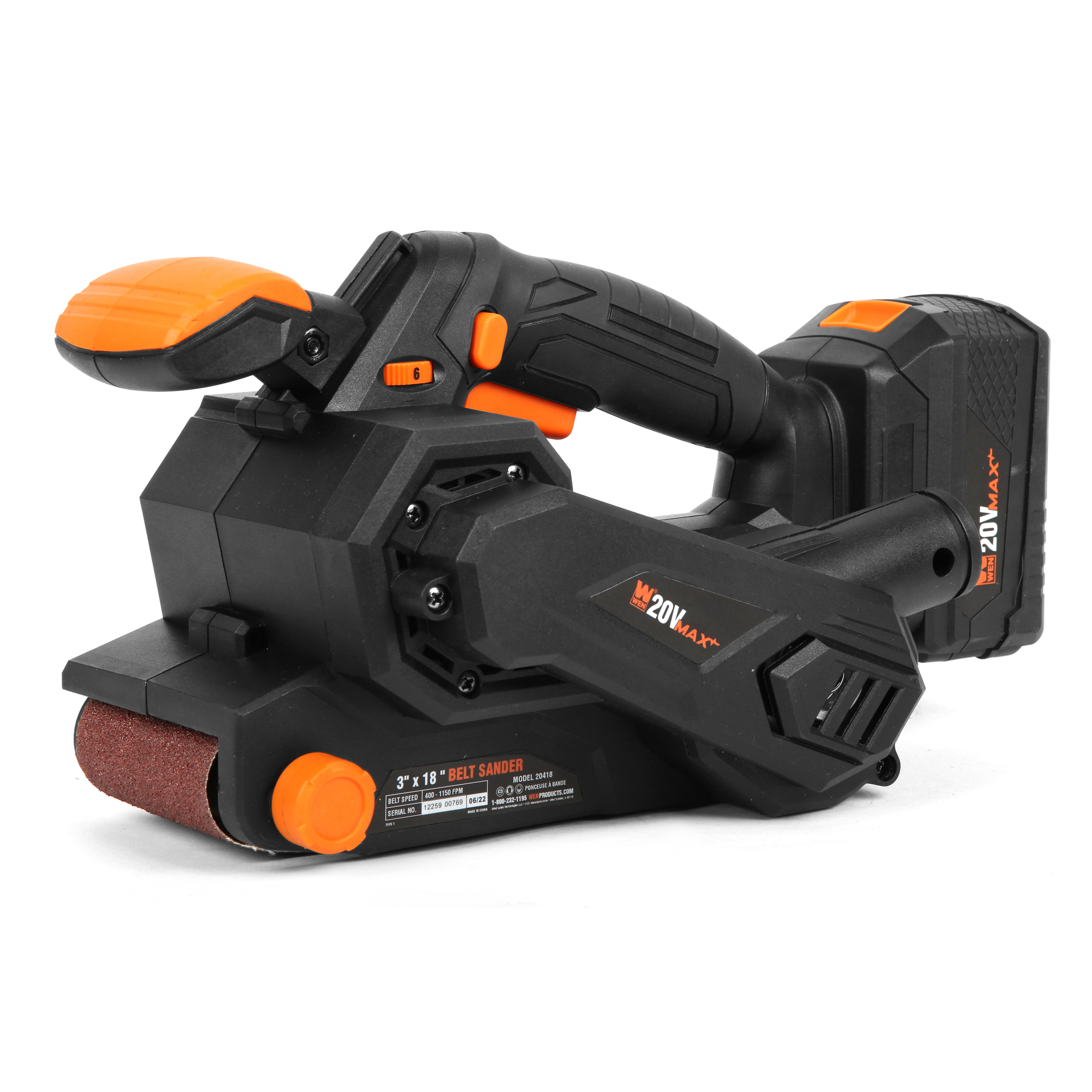 WEN, 20V Max Cordless Variable Speed Belt Sander, Max. Speed 1150 OPM, Model 20418