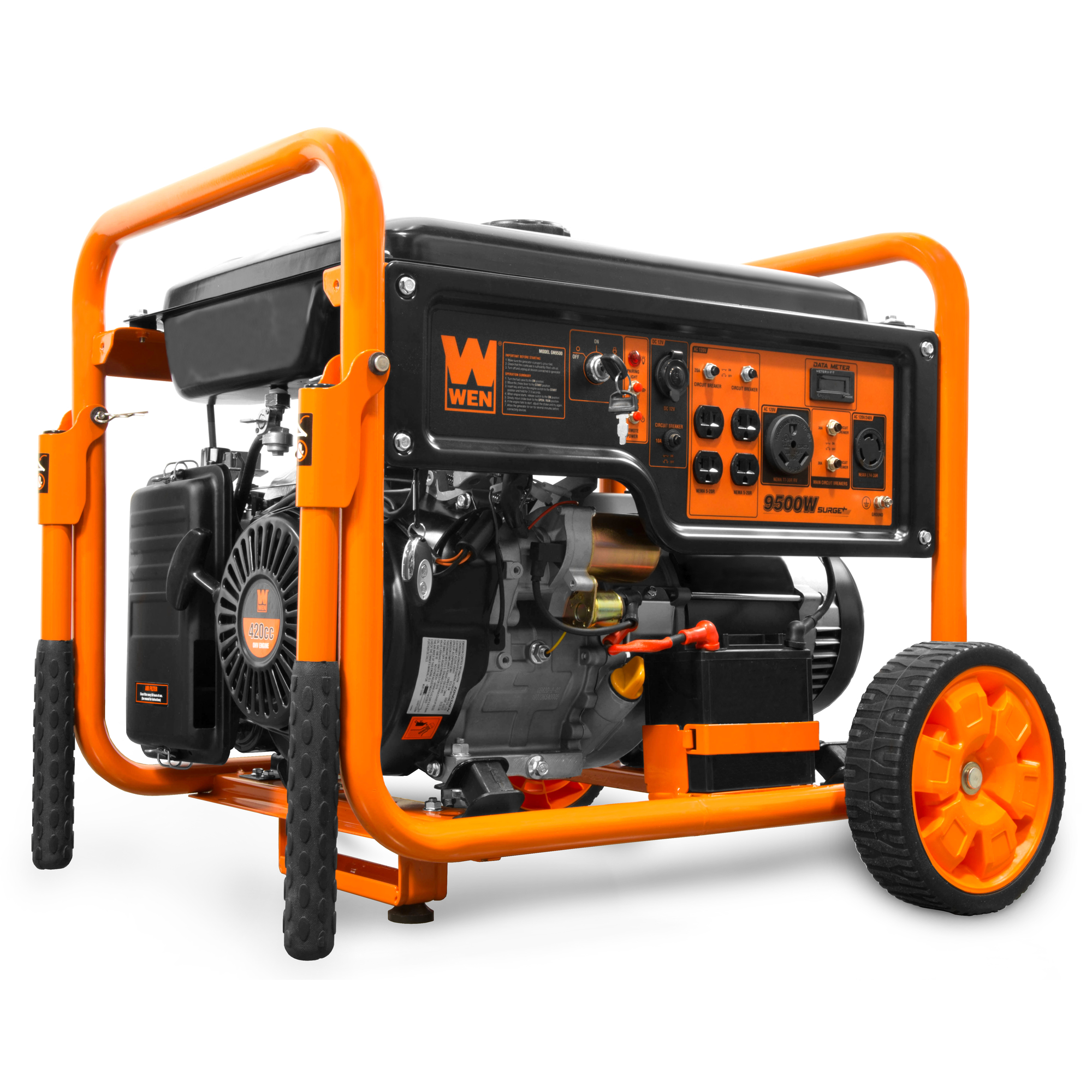 WEN, 9500W Generator, Remote Electric Start CO Sensor, Surge Watts 9500 Rated Watts 7500 Voltage 120/240 Model GN9500X