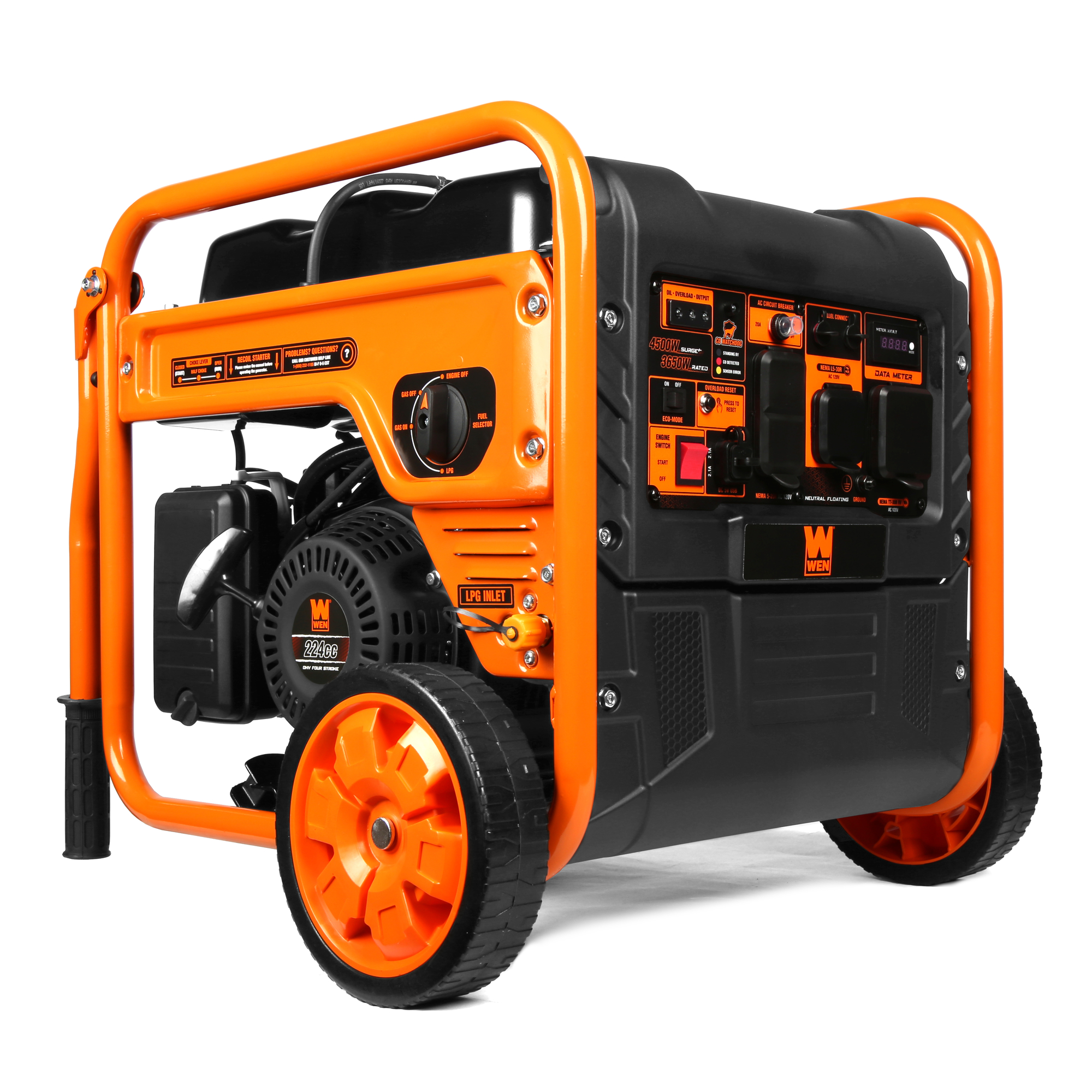 WEN, 4500W Dual Fuel Open Inverter Generator, CO Sensor, Surge Watts 4500 Rated Watts 3650 Voltage 120 Model DG4500iX