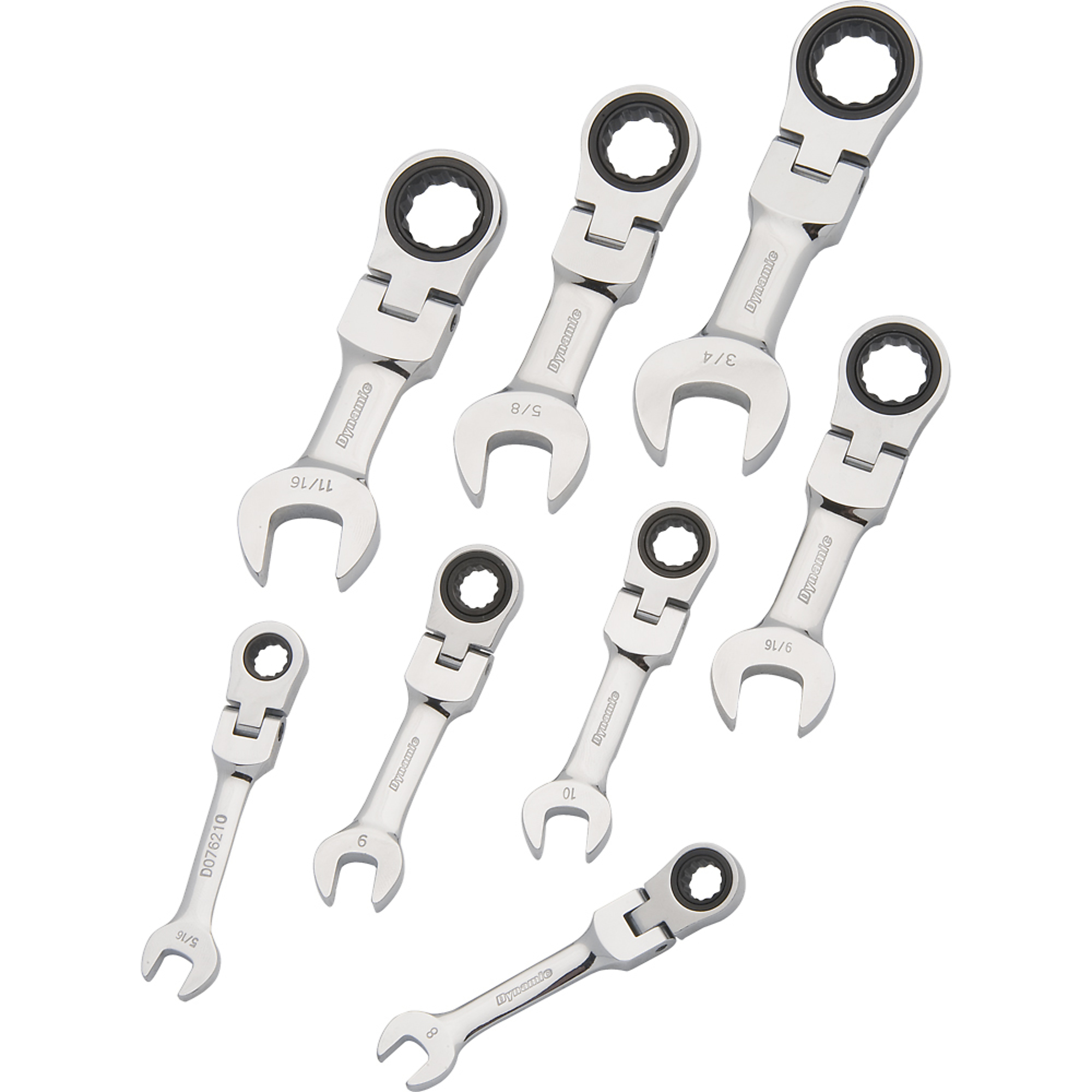 Dynamic Tools, 8 Piece SAE Stubby Flex Head Ratcheting Wrench Set, Pieces (qty.) 8 Tool Length 7.48 in, Measurement Standard Standard (SAE), Model