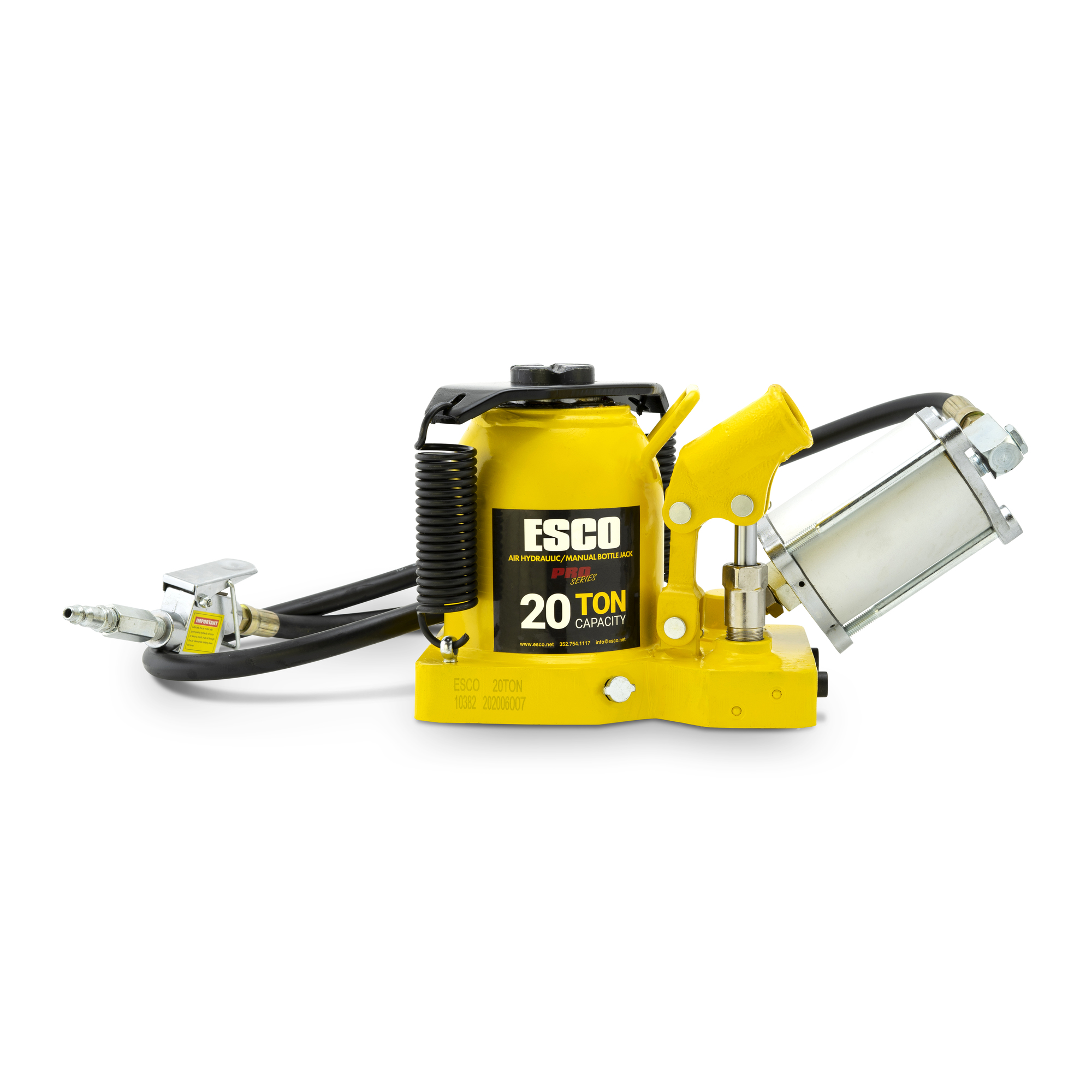 ESCO, 20 Ton Pro Low Hgt Series Air/Hydr Bottle Jack, Lift Capacity 20 Tons, Max. Lift Height 12.625 in, MInch Lift Height 7.125 in, Model 10382