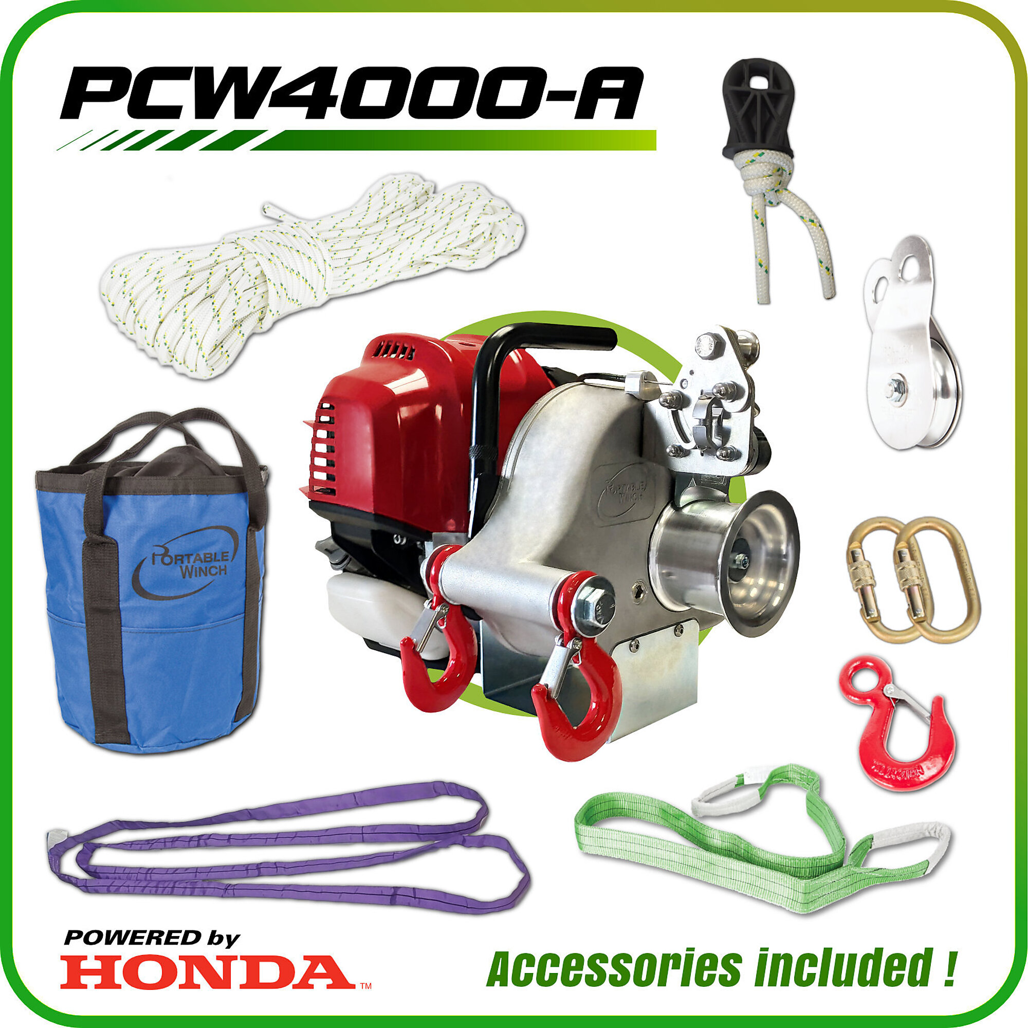 Portable Winch, Gas Pulling Winch Accessories - Honda GX50 Capacity (Line Pull) 2200 lb, Model PCW4000-A