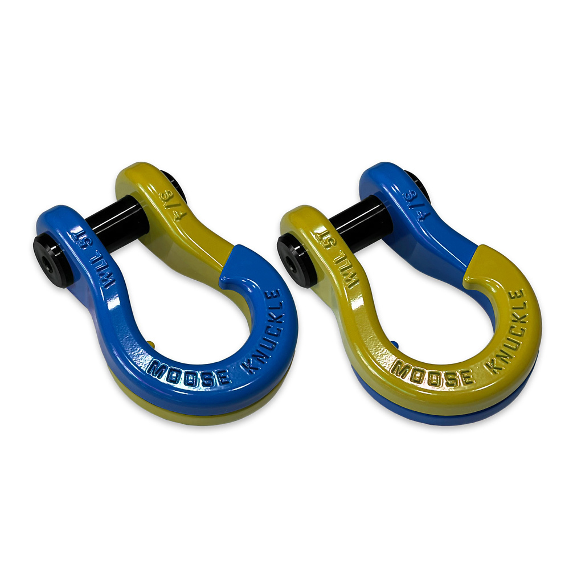 Moose Knuckle Offroad, 3/4 Jowl Split Shackle Blue Balls / Detonator Yellow, Working Load Limit 10000 lb, Model FN000020-072