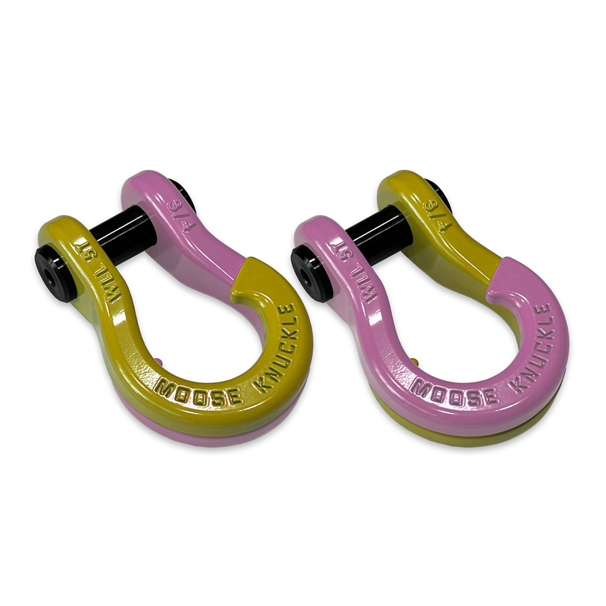 Moose Knuckle Offroad, 3/4 Jowl Split Shackle Detonator Yellow / Pretty Pink, Working Load Limit 10000 lb, Model FN000020-101