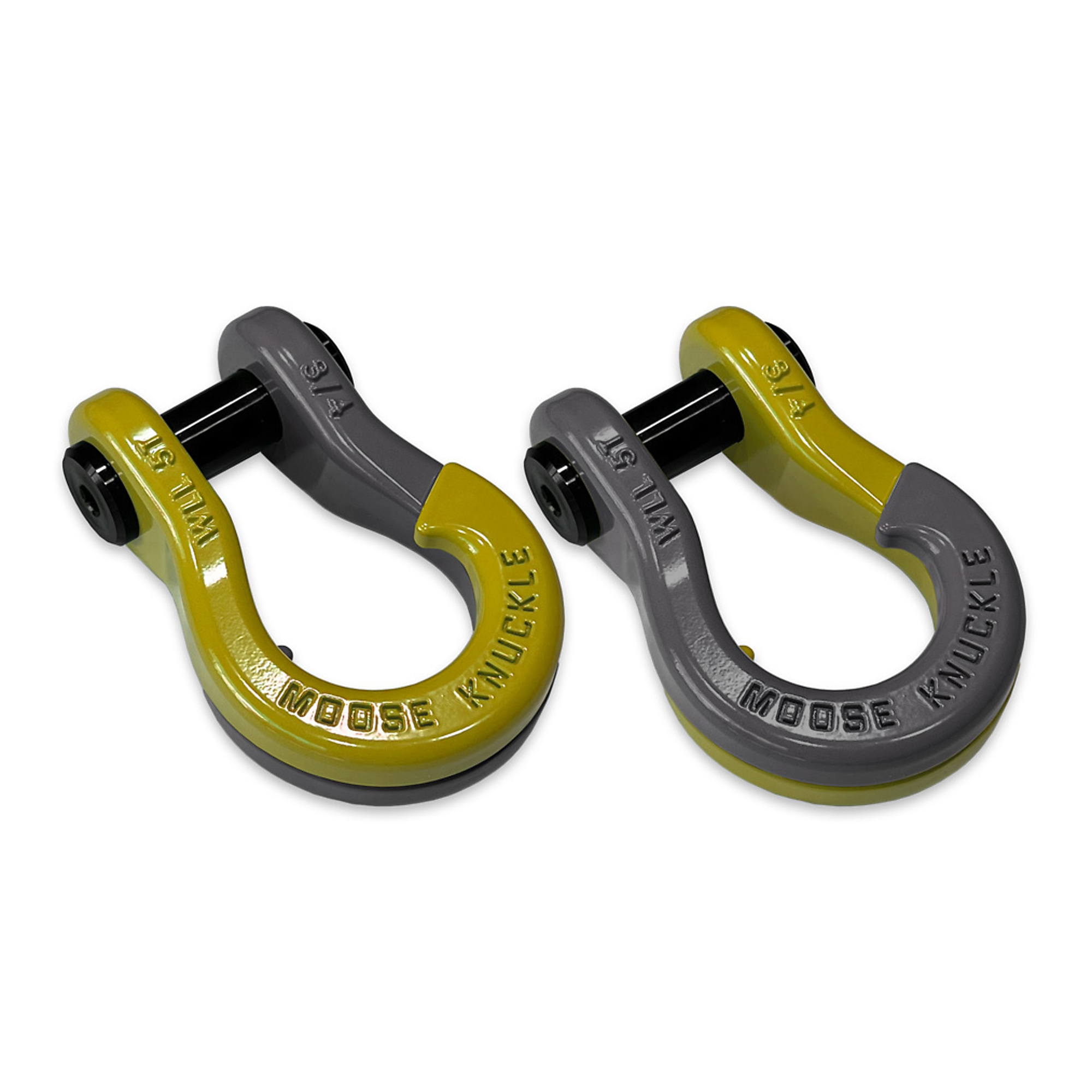 Moose Knuckle Offroad, 3/4 Jowl Split Shackle Detonator Yellow / Gun Gray, Working Load Limit 10000 lb, Model FN000020-094