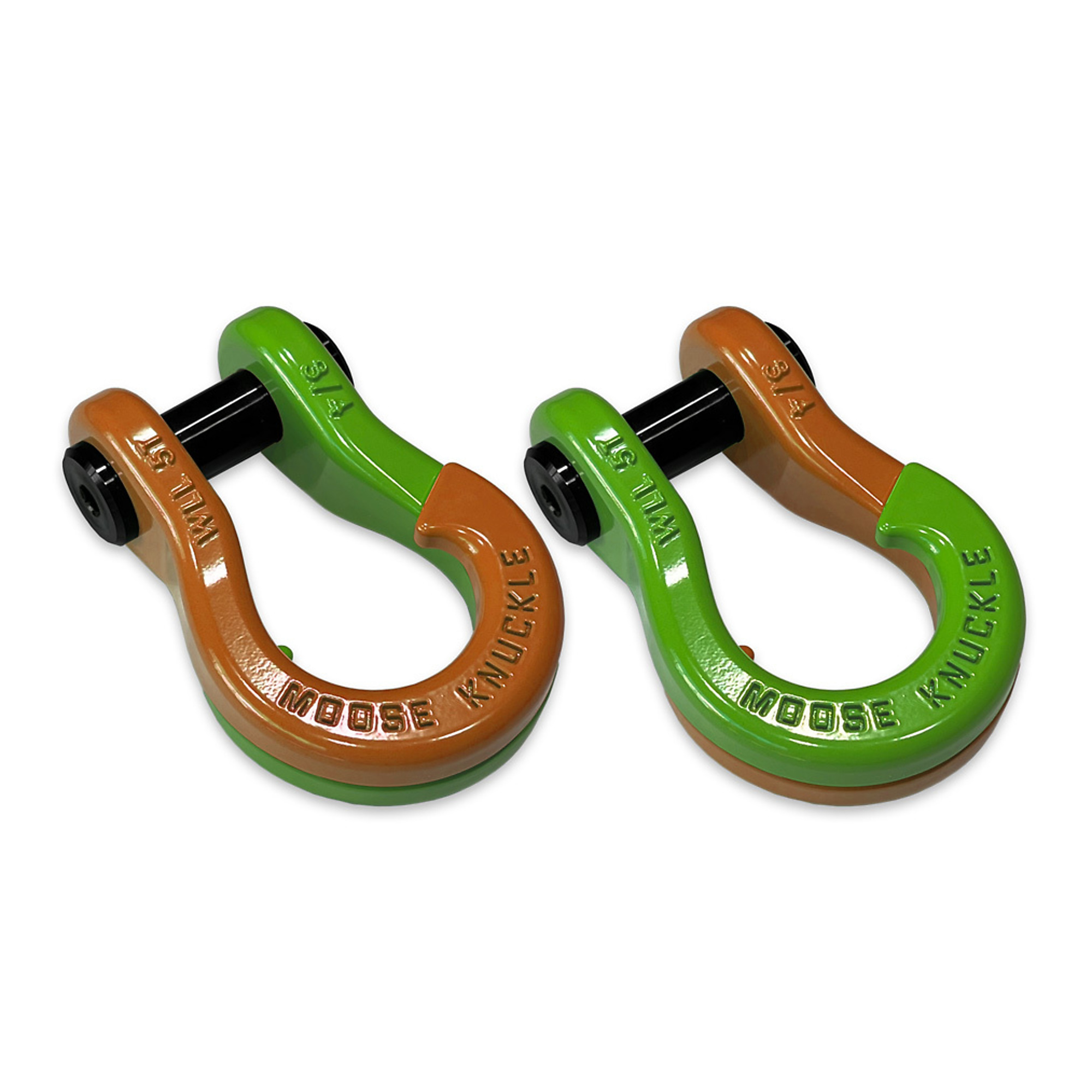 Moose Knuckle Offroad, 3/4 Jowl SplitShackle Obscene Orange / Sublime Green, Working Load Limit 10000 lb, Model FN000020-111