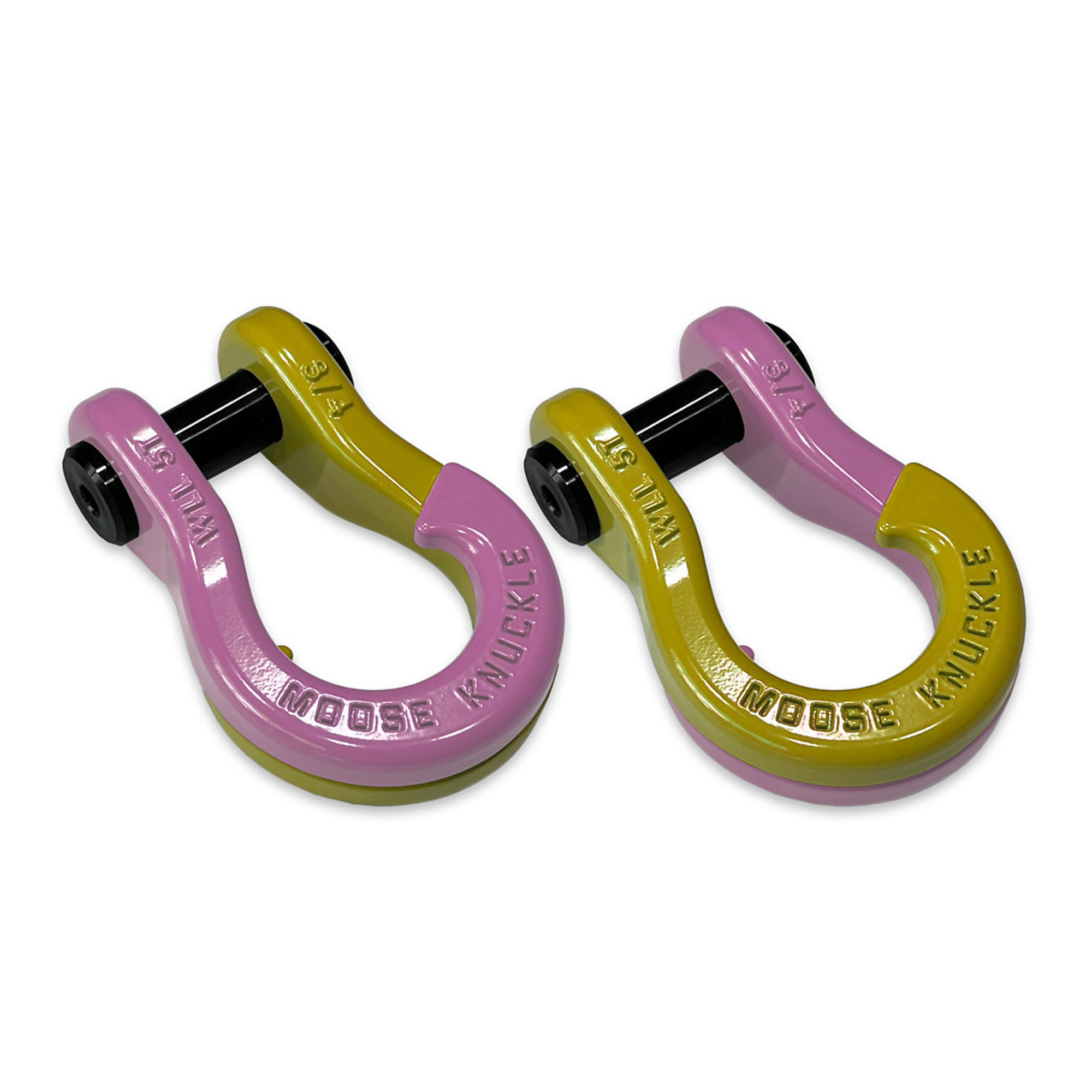 Moose Knuckle Offroad, 3/4 Jowl Split Shackle Pretty Pink / Detonator Yellow, Working Load Limit 10000 lb, Model FN000020-138