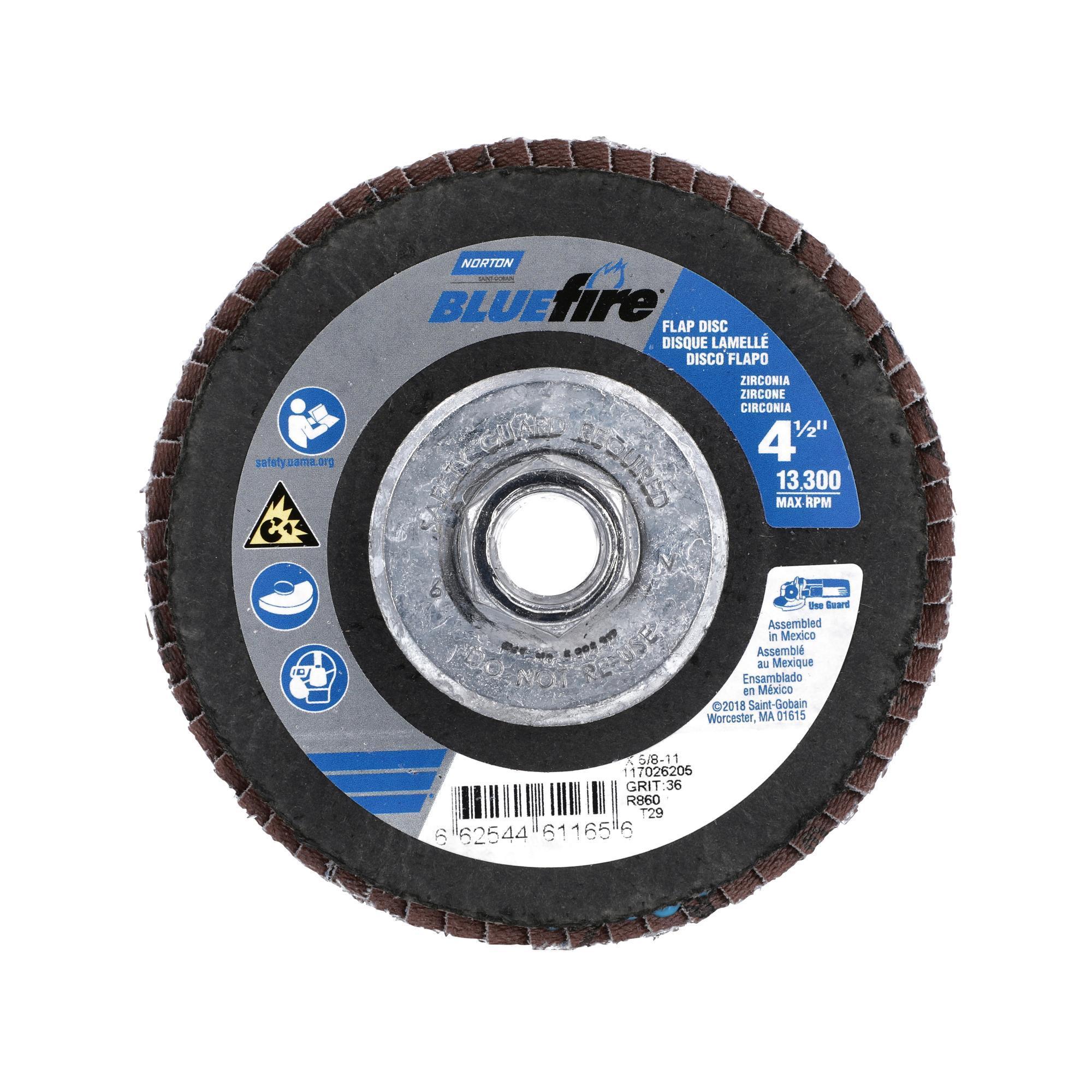 Norton BlueFire, Flap Disc 10-PK, 4-1/2x7/8 36 Grit, T29 Wheel Diameter 4.5 in, Arbor Size 7/8 Wheels (qty.) 10 Model 66254461165