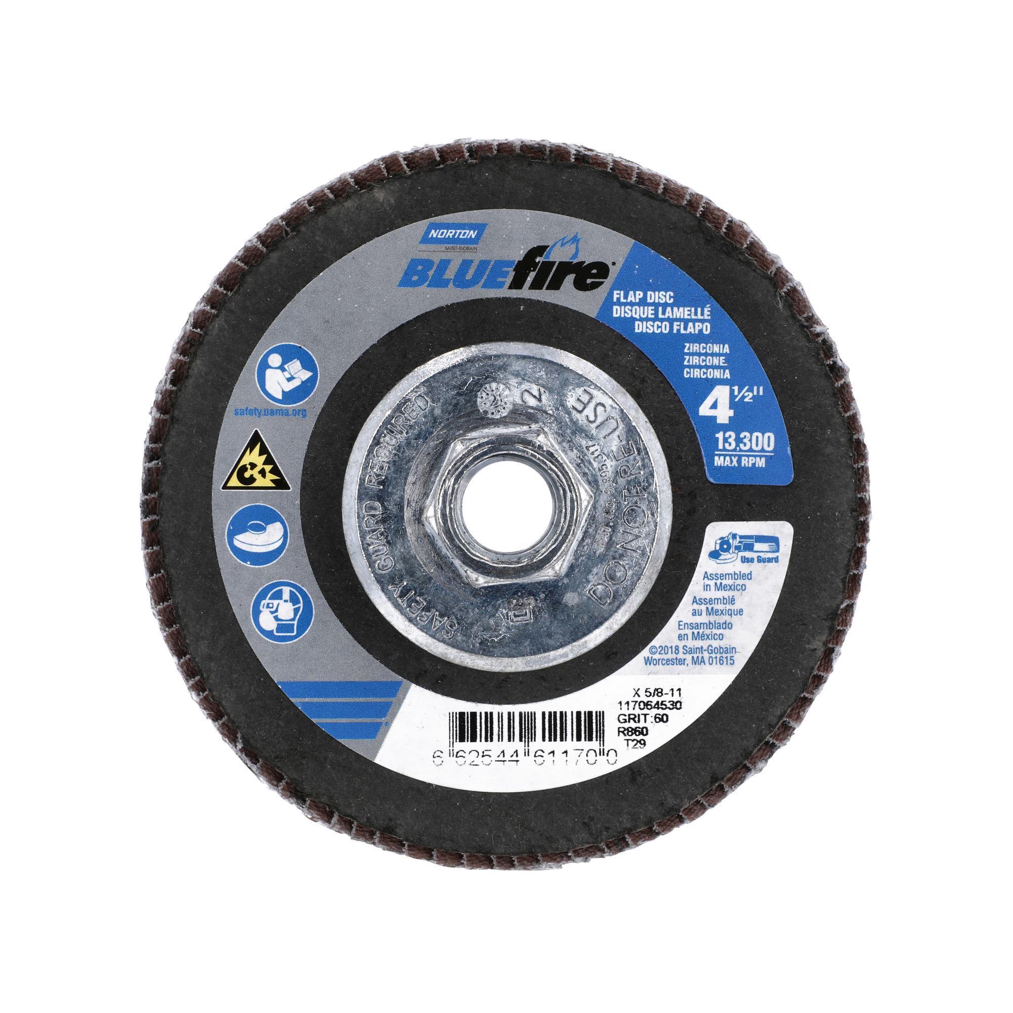Norton BlueFire, Flap Disc 10-PK, 4-1/2x7/8 60 Grit, T29 Wheel Diameter 4.5 in, Arbor Size 7/8 Wheels (qty.) 10 Model 66254461170