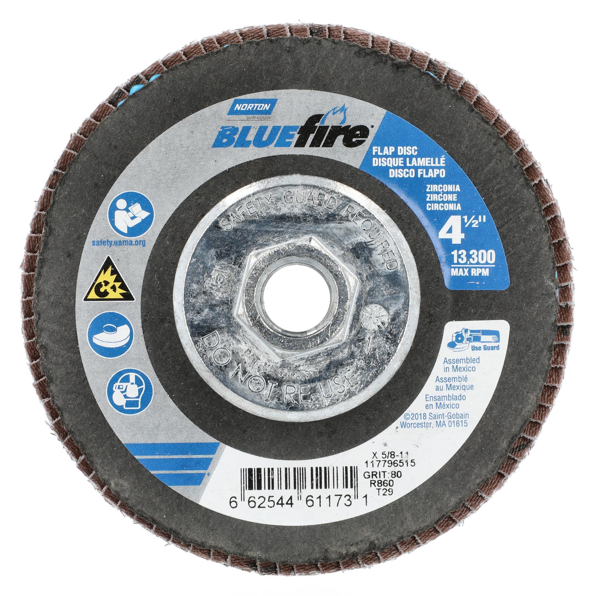 Norton BlueFire, Flap Disc 10-PK, 4-1/2x7/8 80 Grit, T29 Wheel Diameter 4.5 in, Arbor Size 7/8 Wheels (qty.) 10 Model 66254461173