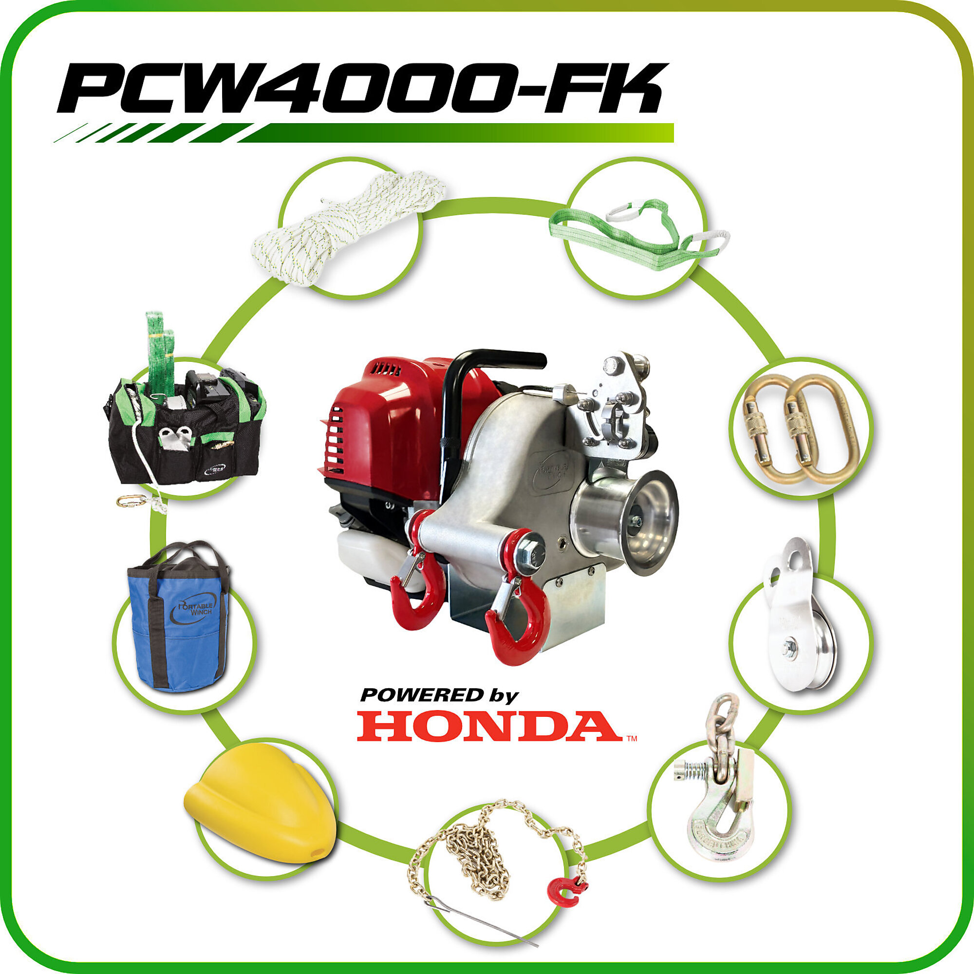 Portable Winch, Gas Pulling Winch Forestry Kit - Honda GX50 Capacity (Line Pull) 2200 lb, Model PCW4000