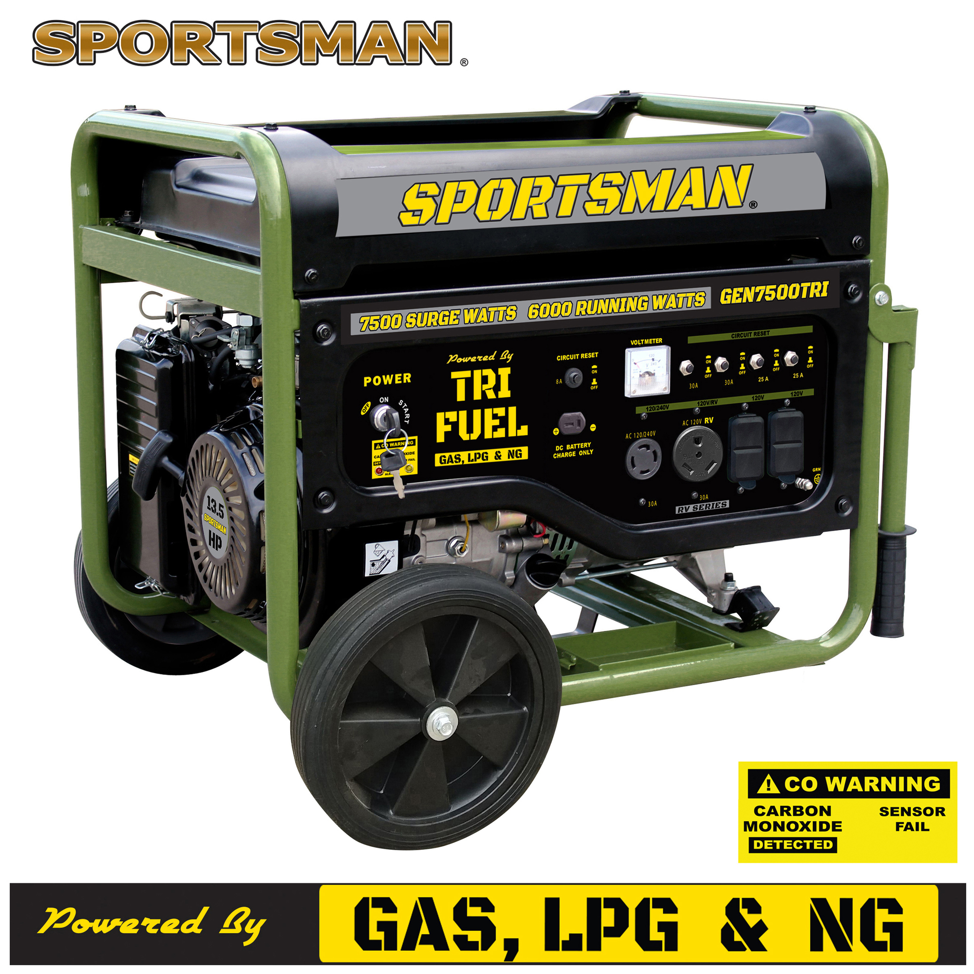 7500 Watt Portable Tri-Fuel Generator, Voltage 120/240 Model - Sportsman GEN7500TRI