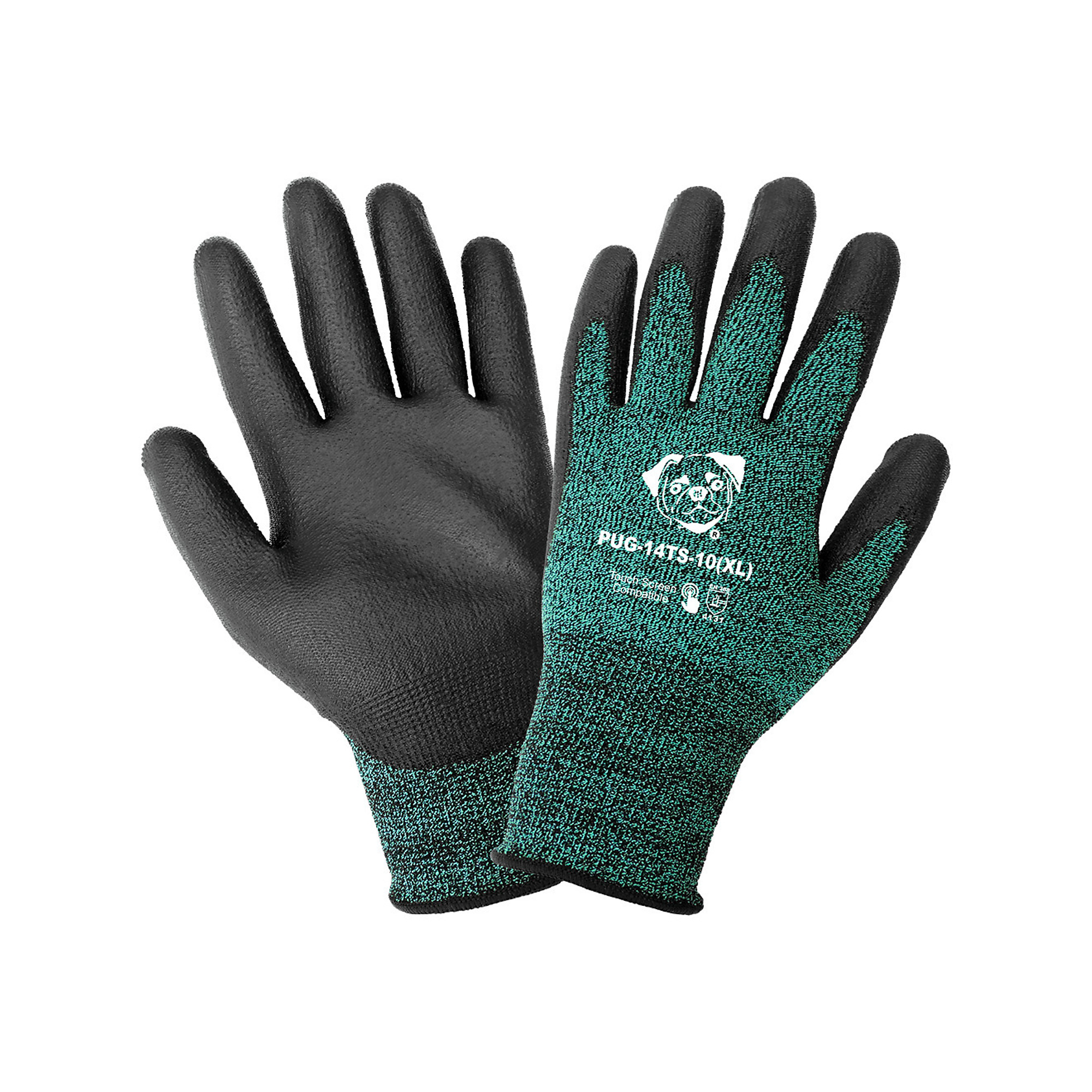 Global Glove PUG , Green, Poly Coated, Cut Resis A1 Tch Scrn Gloves - 12 Pairs, Size XS, Color Green/Black, Included (qty.) 12 Model PUG-14TS-6(XS)