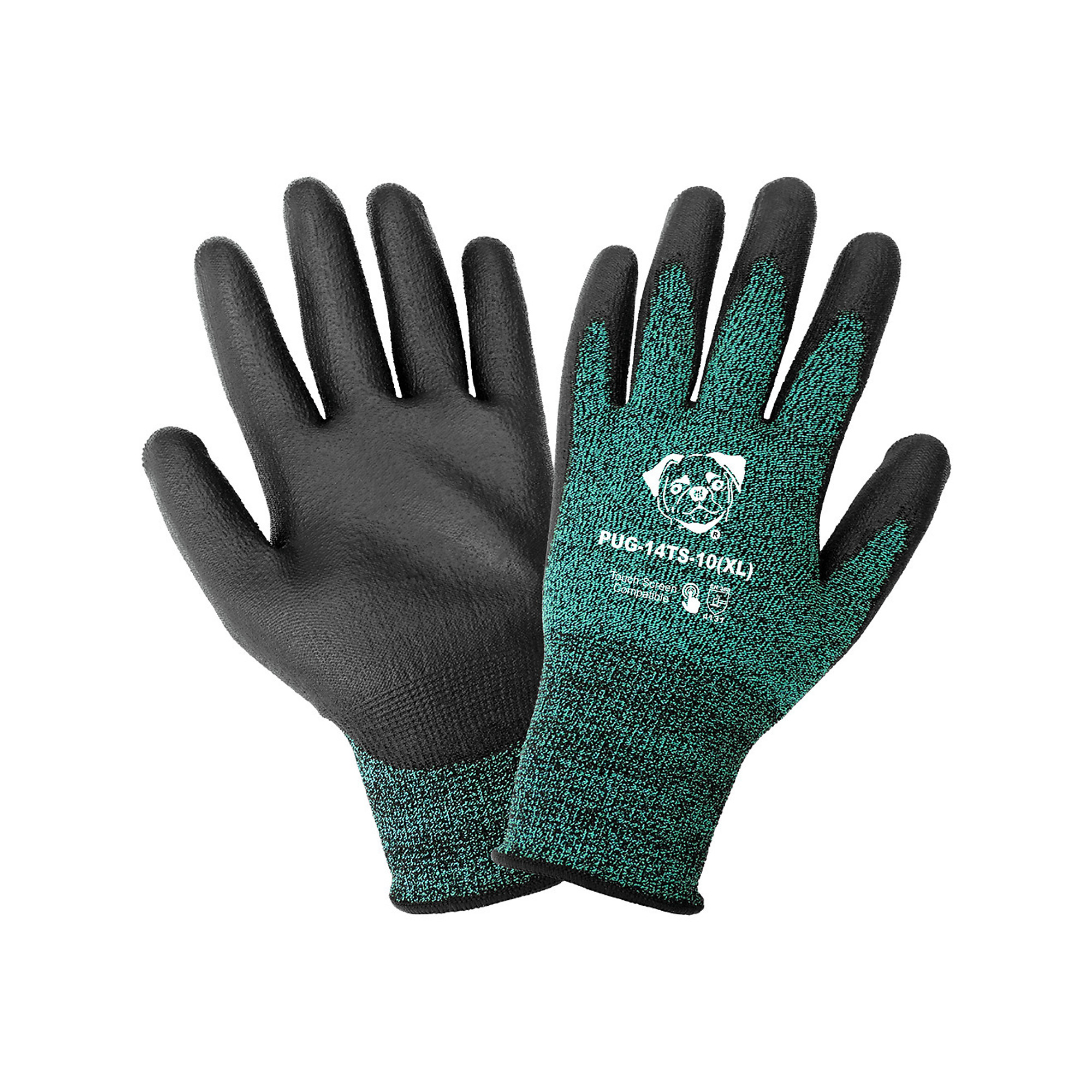 Global Glove PUG , Green, Poly Coated, Cut Resis A1 Tch Scrn Gloves - 12 Pairs, Size L, Color Green/Black, Included (qty.) 12 Model PUG-14TS-9(L)