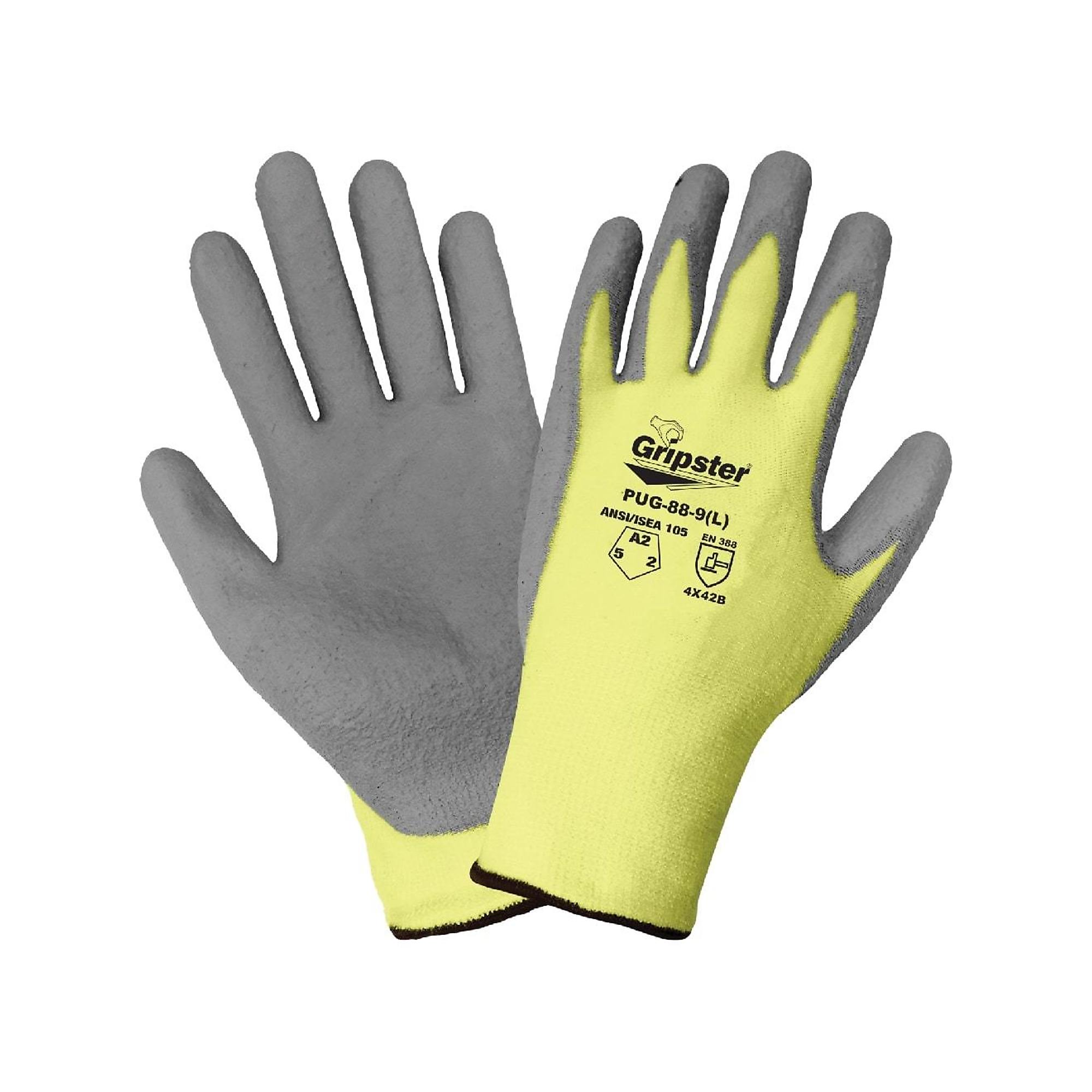 Global Glove Gripster , Yellow, Poly Coated, Cut Resistant A2 Gloves - 12 Pairs, Size L, Color Yellow/Gray, Included (qty.) 12 Model PUG-88-9(L)