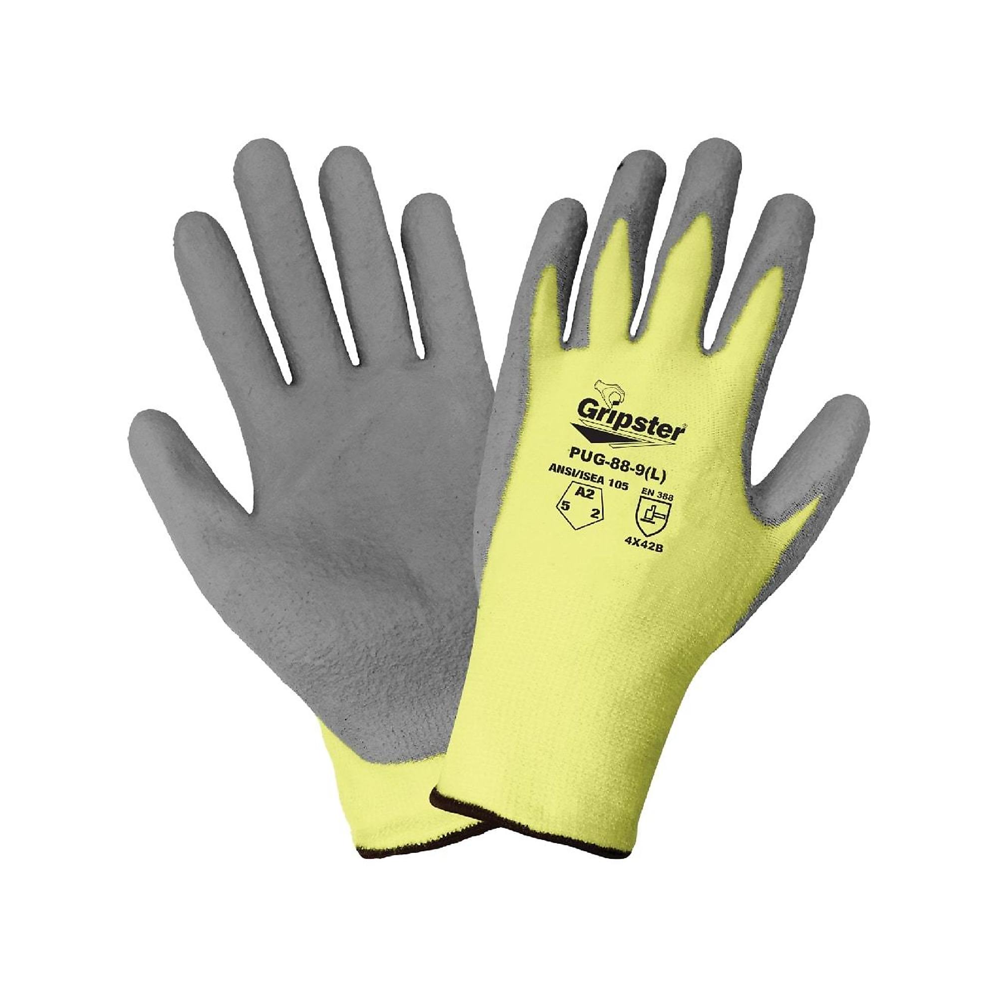 Global Glove Gripster , Yellow, Poly Coated, Cut Resistant A2 Gloves - 12 Pairs, Size 2XL, Color Yellow/Gray, Included (qty.) 12 Model PUG-88-11(2XL)