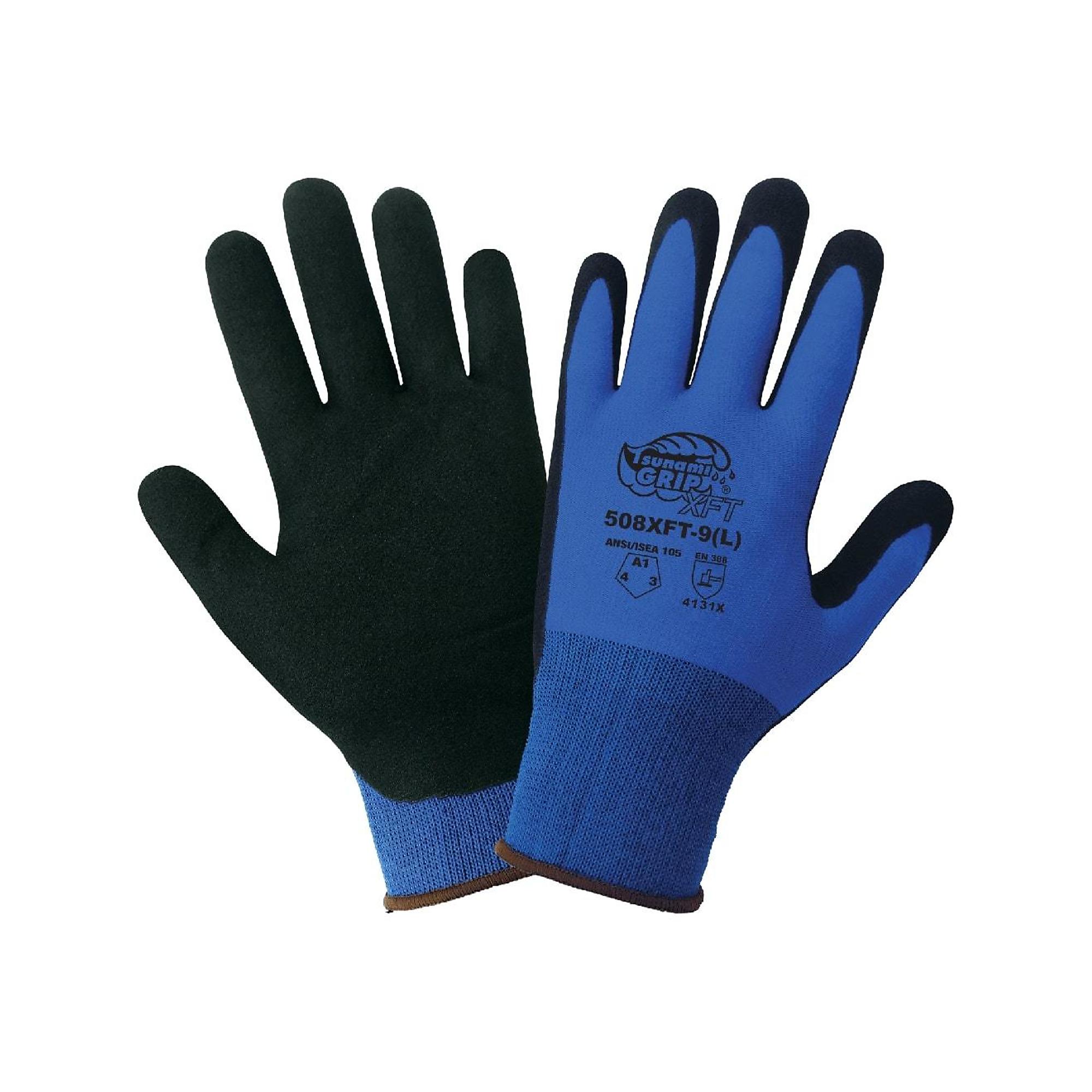 Global Glove Tsunami Grip , Blue, Black Foam Coated, Cut Resistant A1 Gloves - 12 Pairs, Size L, Color Blue/Black, Included (qty.) 12 Model 508XFT-9(L