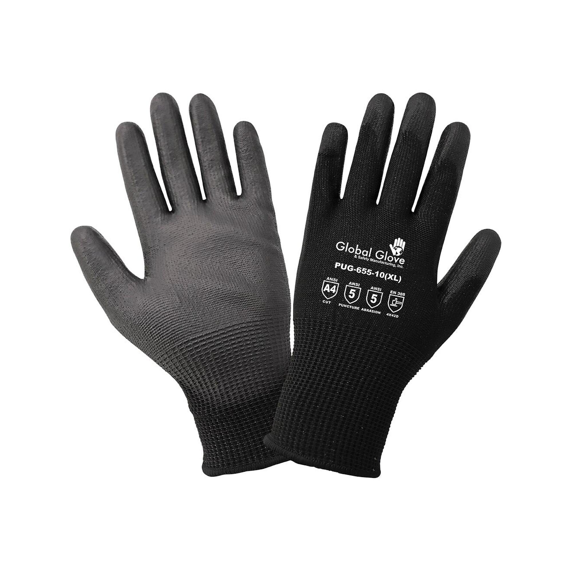 Global Glove PUG, Black, Poly Coated, Cut Resistant A4 Gloves - 12 Pairs, Size L, Color Black/Gray, Included (qty.) 12 Model PUG-655-9(L)