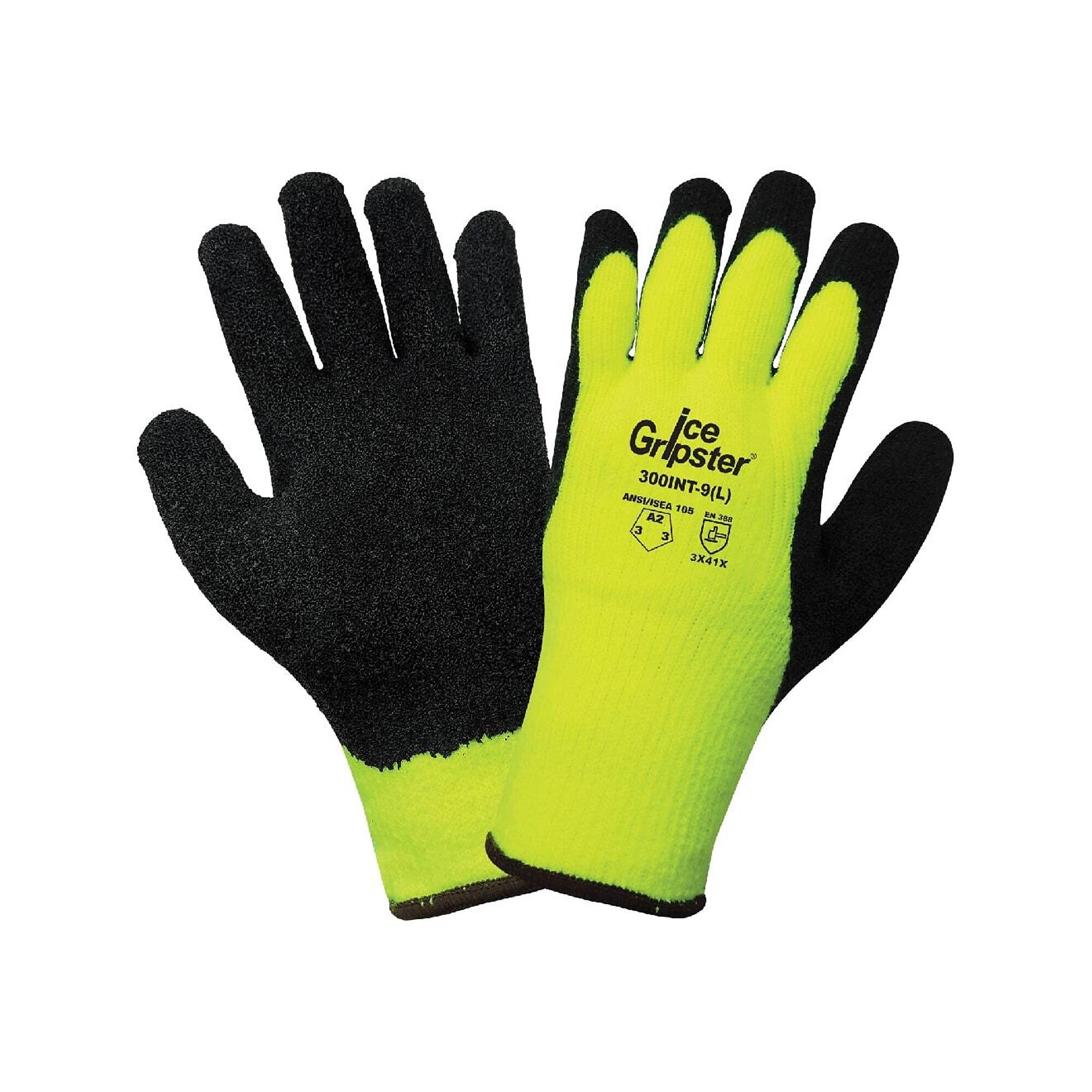 Global Glove Ice Gripster , HV Insulated, Wat-Resist, Rub Dip, Cut A2 Gloves - 12 Pairs, Size L, Color High-Visibility Yellow/Black, Included (qty.)