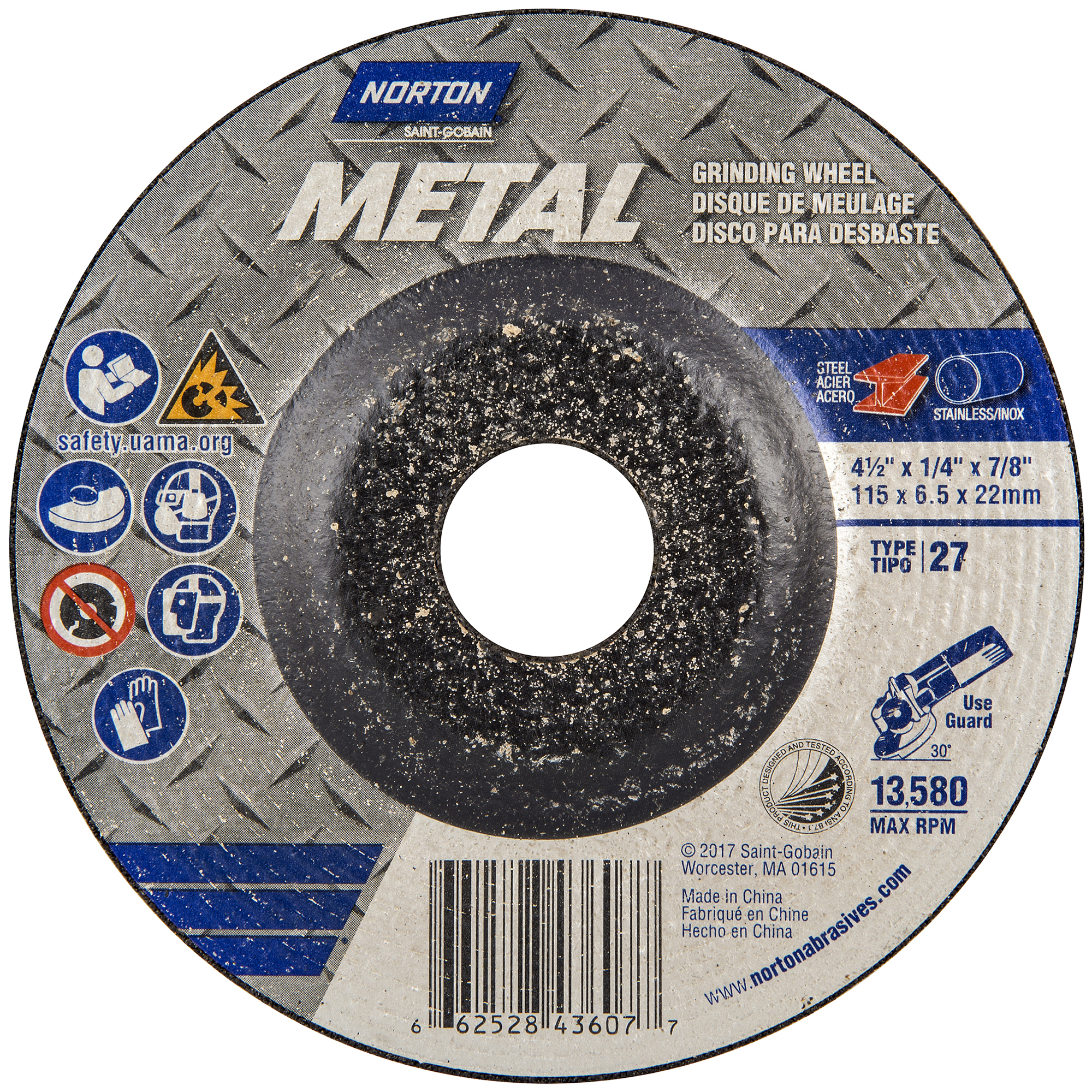 Norton Metal, Metal Grinding Wheel 25-PK, 4-1/2x1/4x7/8 T27 Wheel Diameter 4.5 in, Arbor Size 7/8 Wheels (qty.) 25 Model 66252843607P