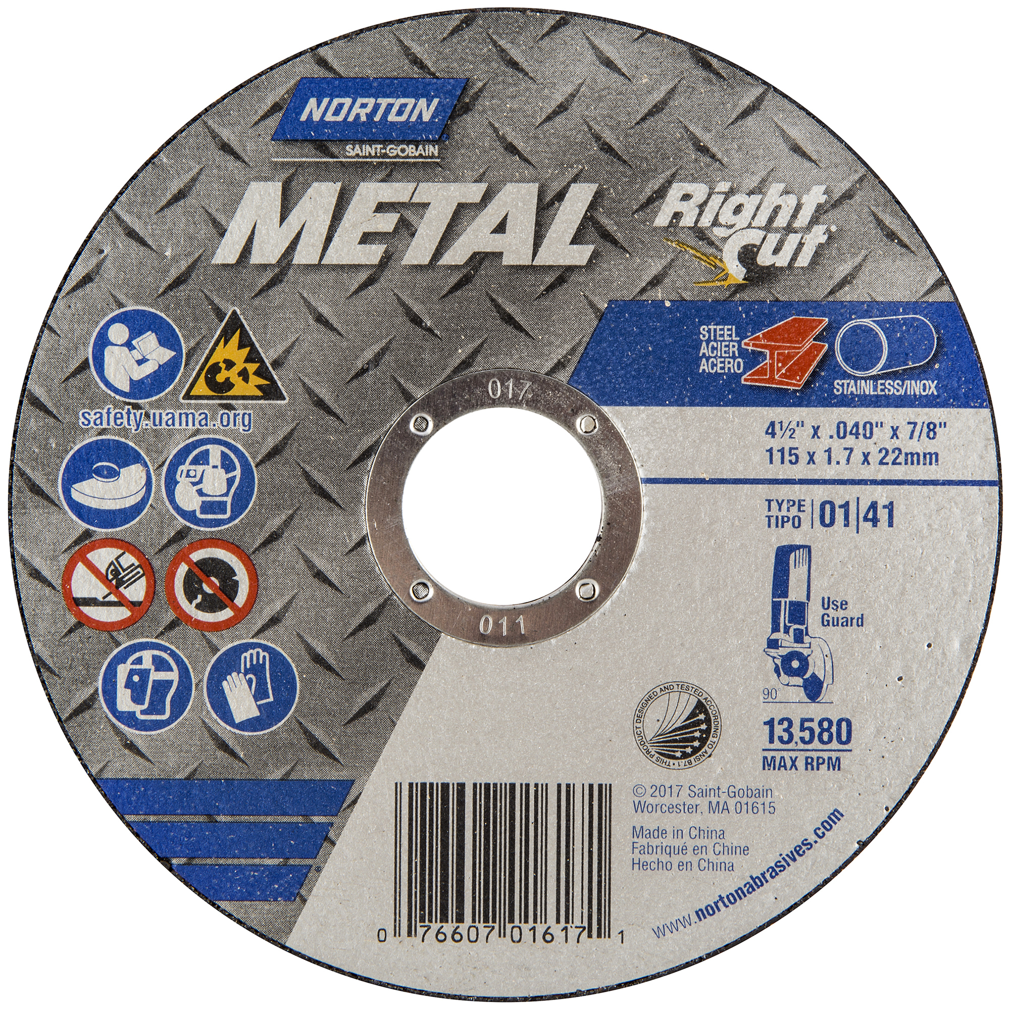 Norton Metal RightCut, Metal Cutting Wheel 25-PK, 4-1/2x.040x7/8 T1 Wheel Diameter 4.5 in, Arbor Size 7/8 Wheels (qty.) 25 Model 07660701617P