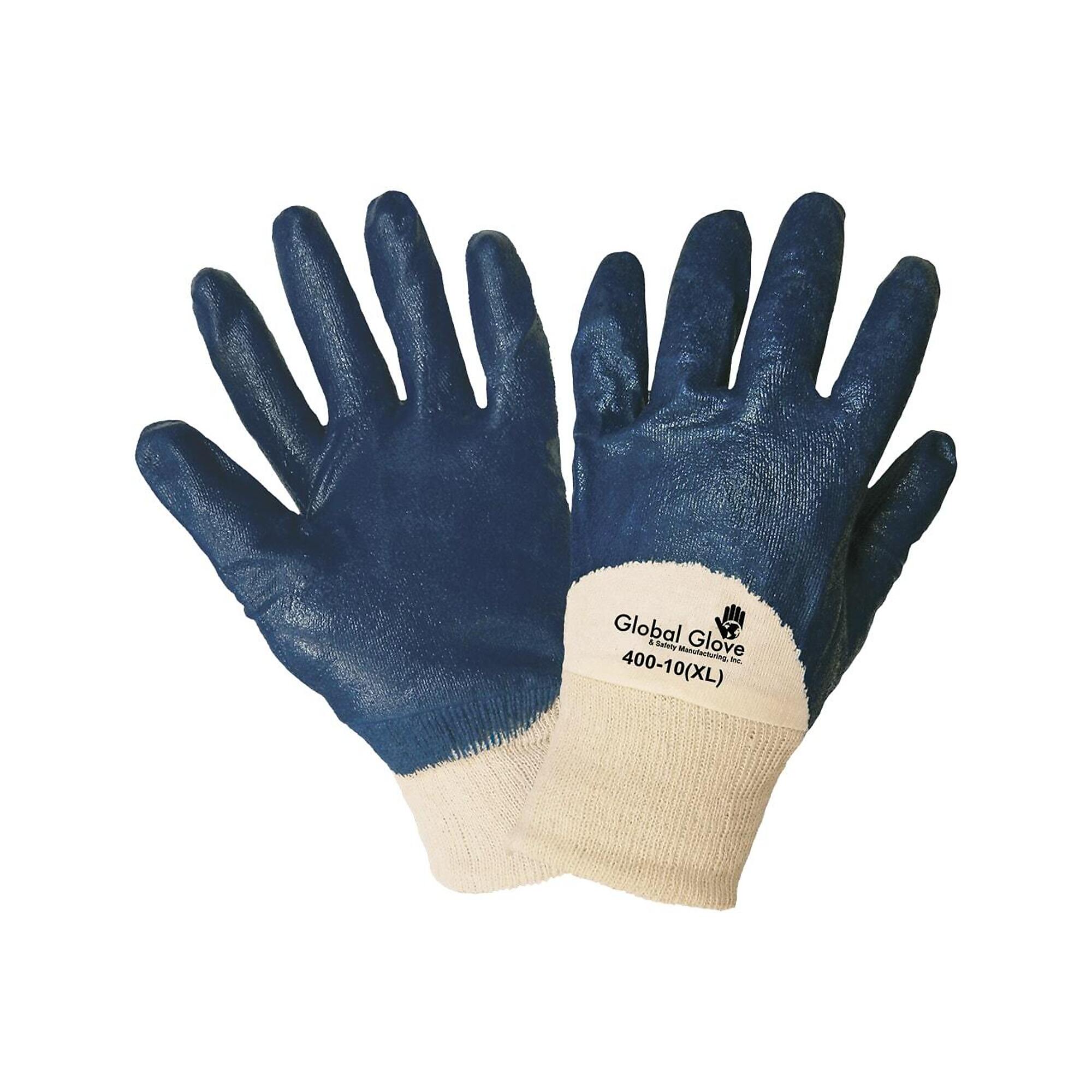 Global Glove, 2-Pc Interlock Shell, Blue 3/4 Coat Nitrile Gloves- 12 Pairs, Size L, Color Tan/Blue, Included (qty.) 12 Model 400-9(L)