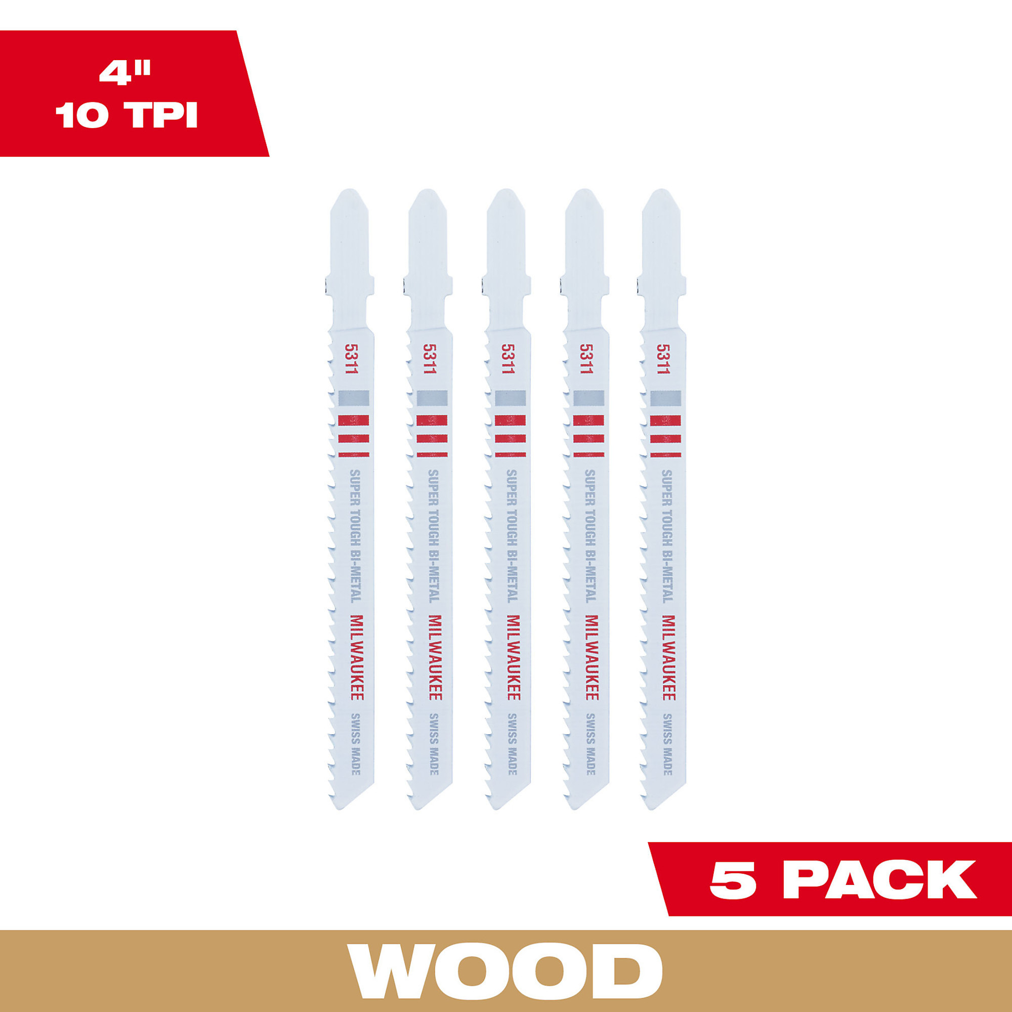 Milwaukee, 4Inch 10TPI T-Shank Wood Bi-Metal Jig Saw Blades 5PK, Blade Length 4 in, Blade Application Wood, Blade Material Bi-Metal, Model 48-42-5311