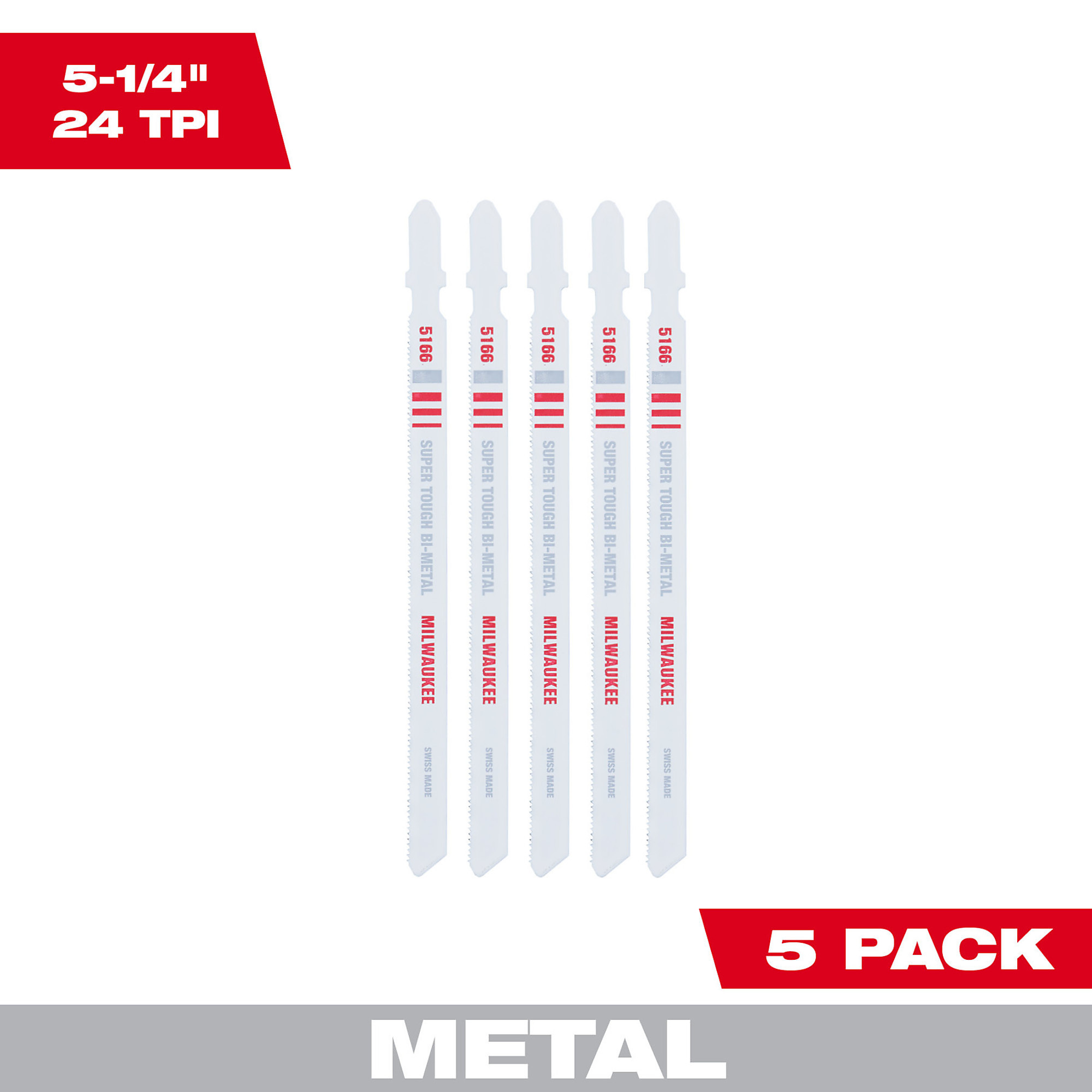 Milwaukee, 5-1/4Inch24TPIT-Shank Metal Cutting Bi-Metal Jig Saw Blades 5PK, Blade Length 5.25 in, Blade Application Metal, Blade Material Bi-Metal,