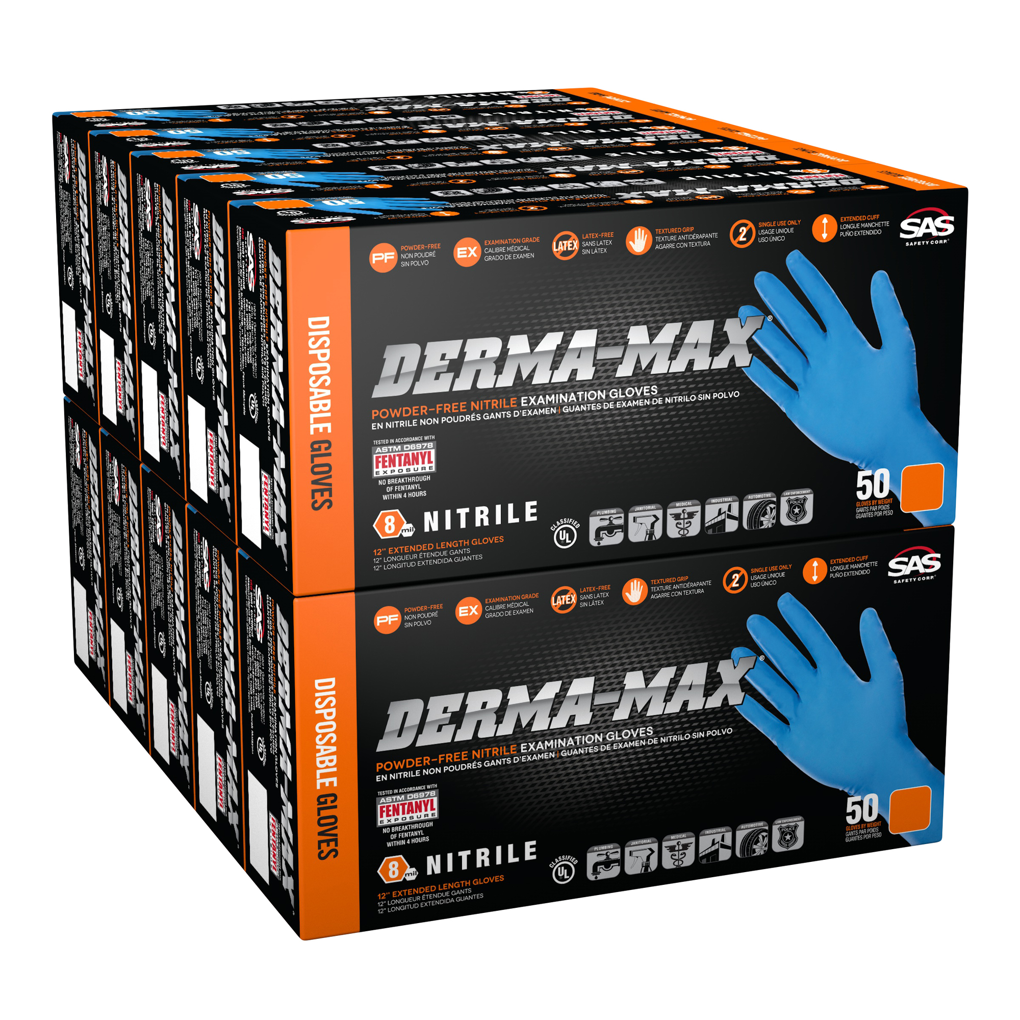 Derma-Max, Case DERMA-MAX Gloves 50 Packs PF Nitrile 8 Mil., Size 2XL, Color Blue, Included (qty.) 500 Model 6610-40CASE