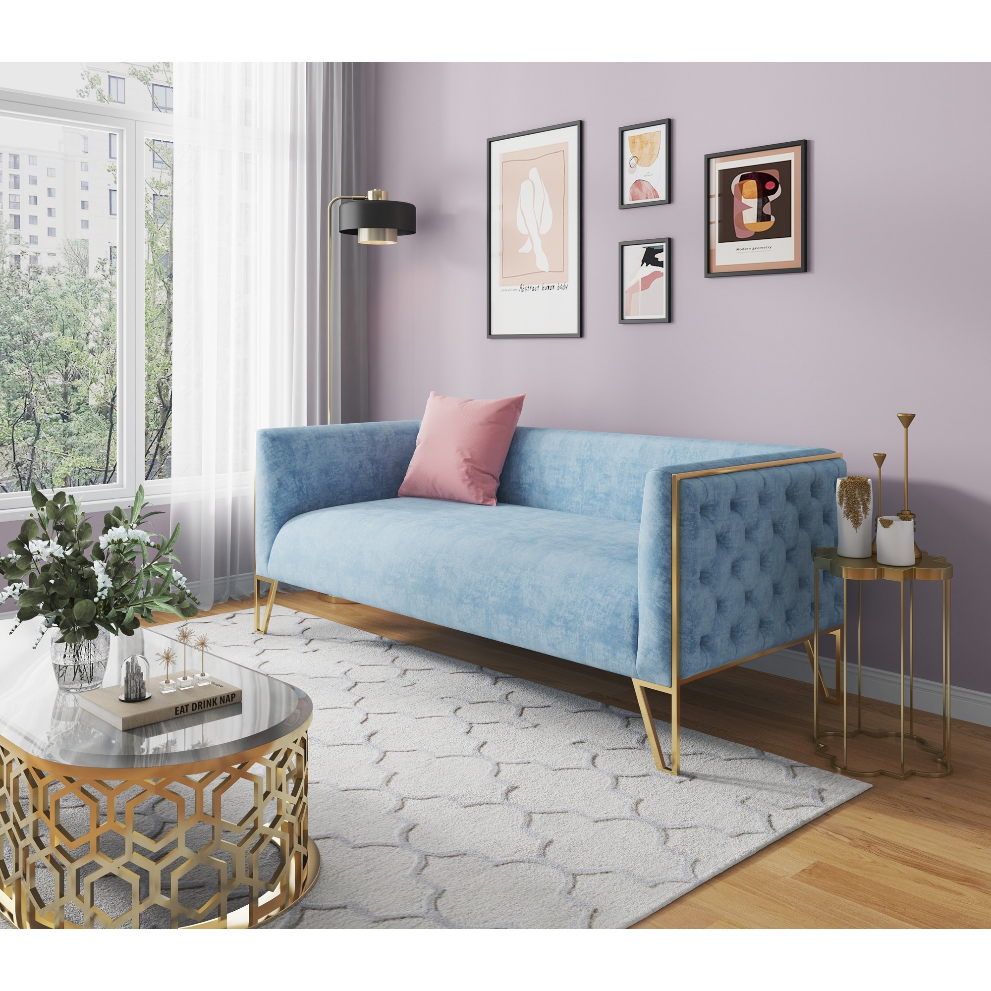 Manhattan Comfort, Vector Ocean Blue and Gold Velvet 3-Seat Sofa, Primary Color Blue, Included (qty.) 1 Model SF008