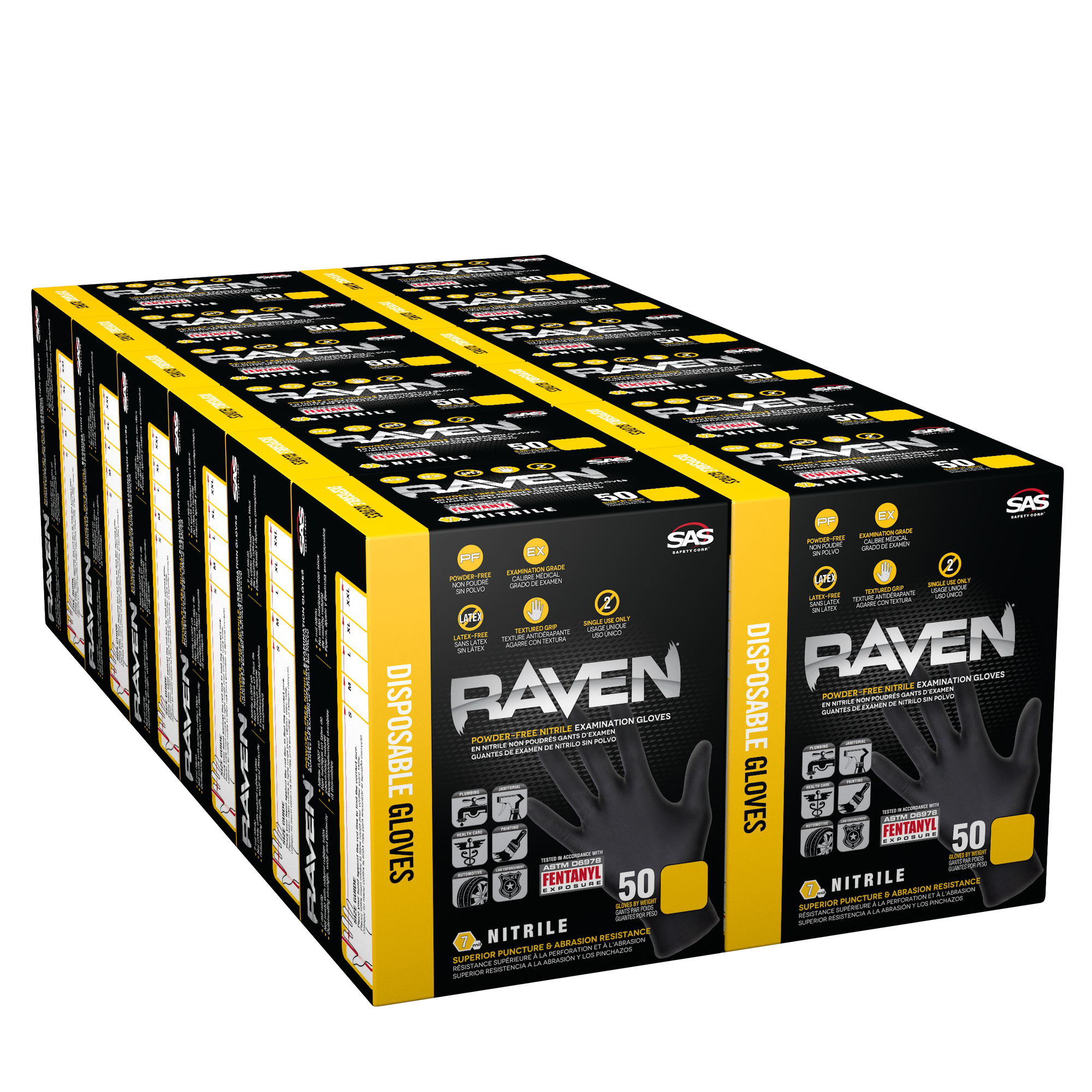 Raven, Case Raven Gloves 50 Packs 7Mil PF Exam Textured, Size L, Color Black, Included (qty.) 600 Model 66518-01CASE