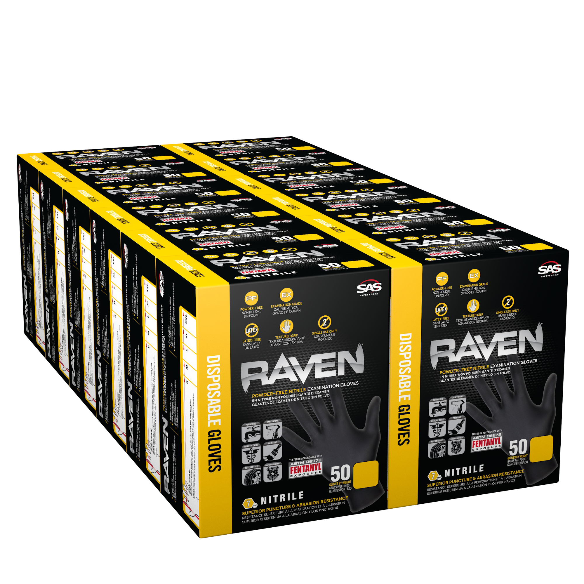 Raven, Case Raven Gloves 50 Packs 7Mil PF Exam Textured, Size XL, Color Black, Included (qty.) 600 Model 66519-01CASE