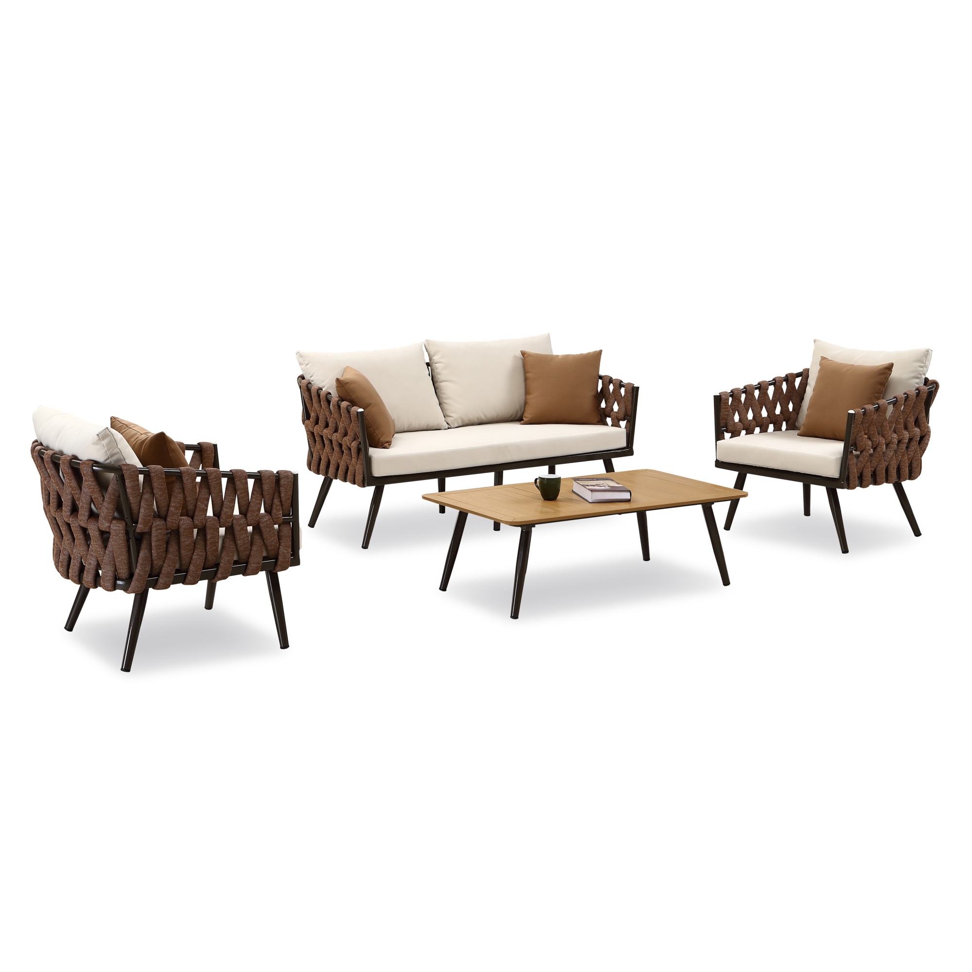 Manhattan Comfort, Crown 4Pc Metal Patio Conv Set Brown White Cushion, Pieces (qty.) 4 Primary Color White, Seating Capacity 4 Model OD-CV004
