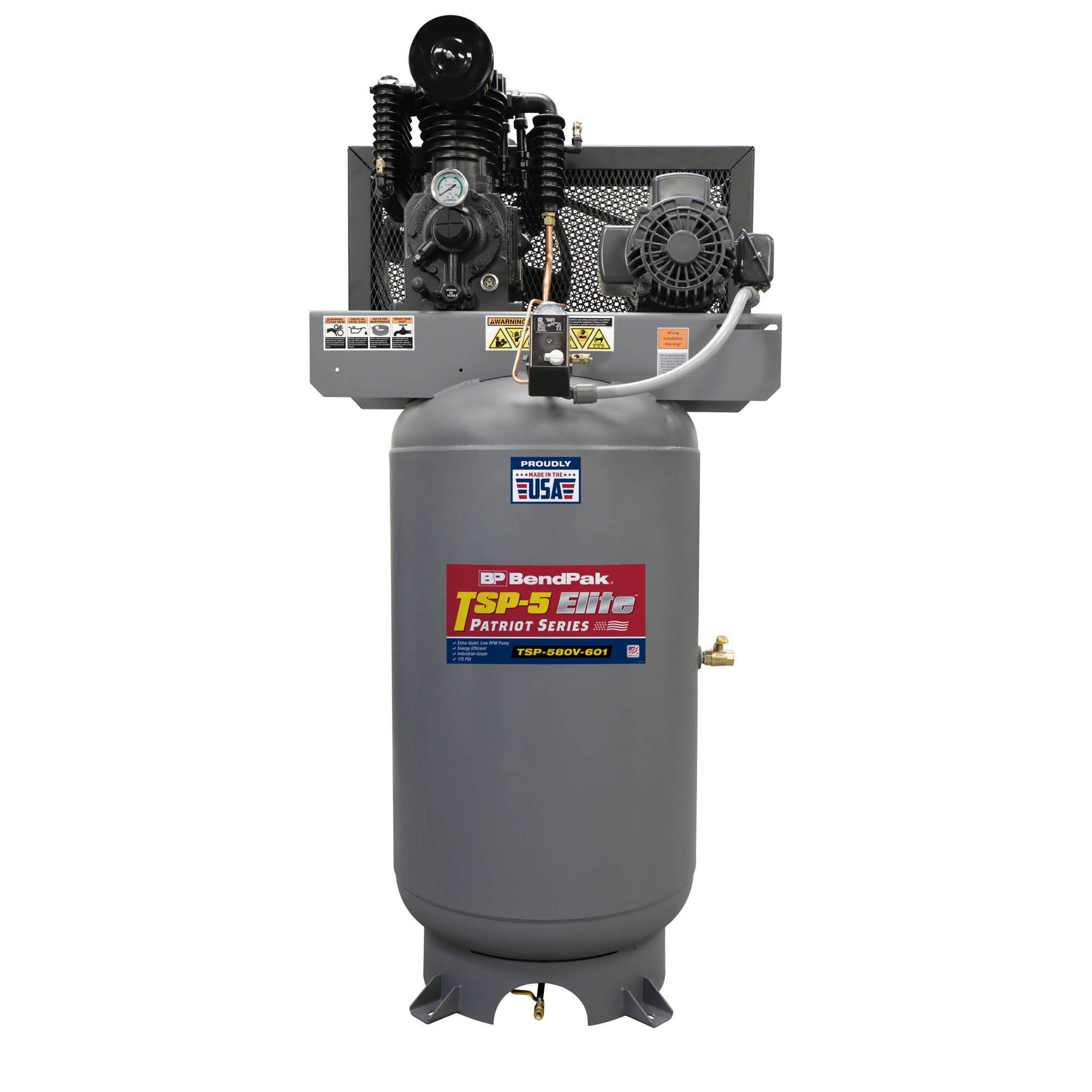 BendPak, 80-Gal, Vertical Tank 208-230V, 60Hz, Compressor, Horsepower 5 HP, Air Tank Size 80 Gal, Volts 208-230 Model TSP-580V-601