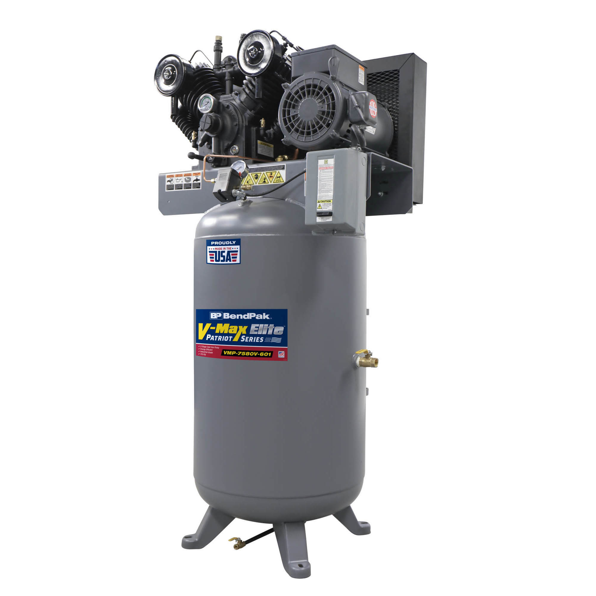 BendPak, 7.5 HP 80-Gallon Vertical Tank 3-phase Compressor, Horsepower 7.5 HP, Air Tank Size 80 Gal, Volts 208-230 Model VMP-7580V-603