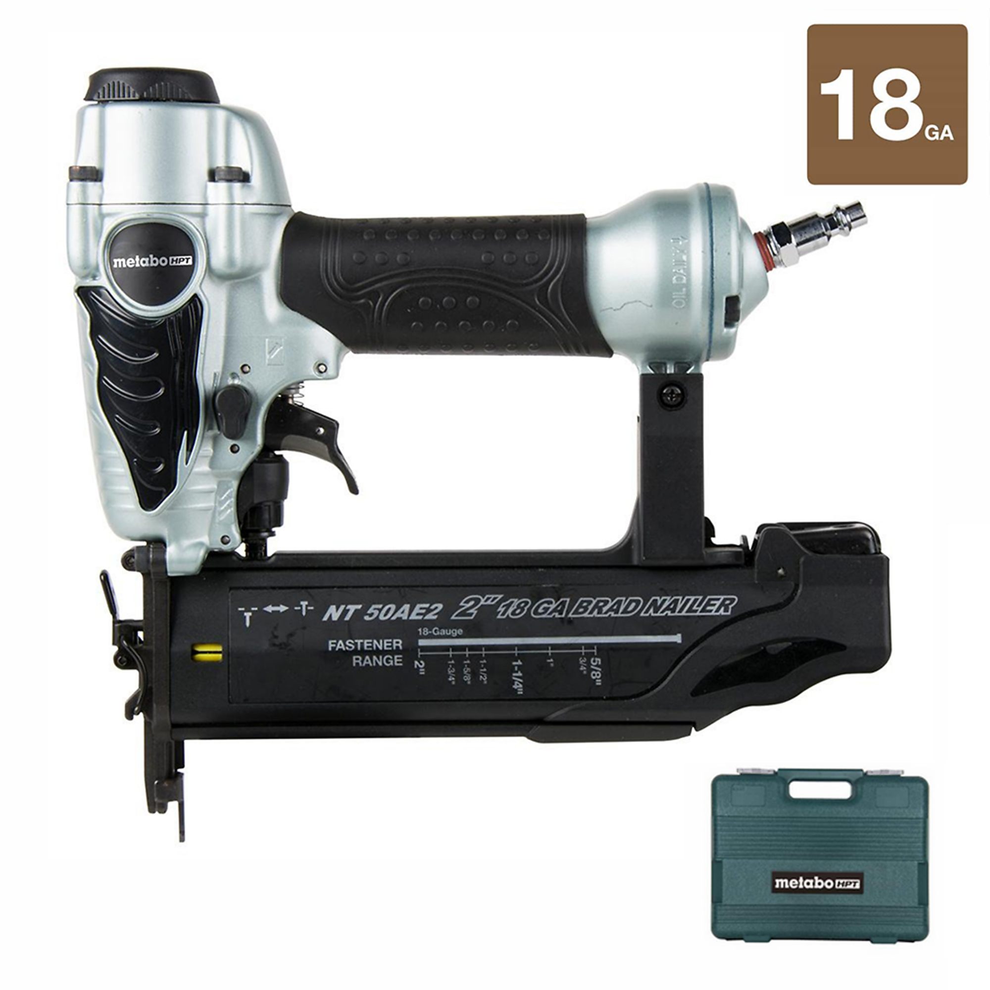 Metabo HPT, 2Inch 18-Gauge Pneumatic Brad Nailer, Fastener Size 2 in, Nail Gun Angle 90 Â°, Model NT50AE2M