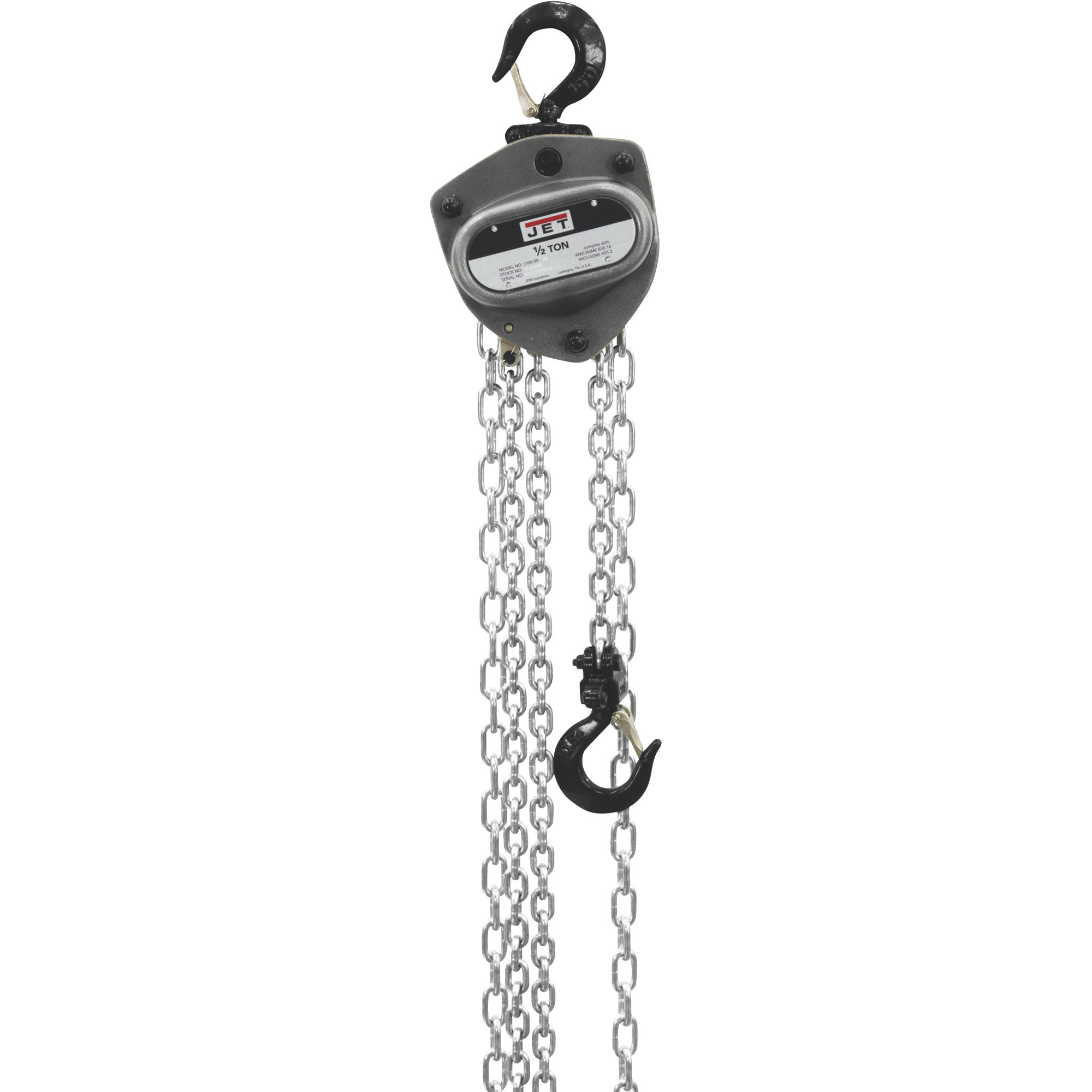 JET L100 Series Manual Chain Hoist, 1/2-Ton Lift Capacity, 15ft. Lift, Overload Protection, Model L100-50WO-15