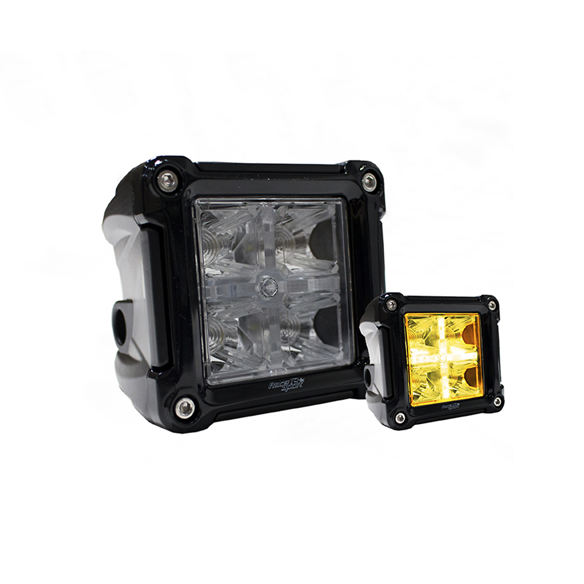 Race Sport Lighting, 3x3Inch Cube Style LED Spot Light Front Whit/Amber, Light Type LED, Lens Color Clear, Included (qty.) 1 Model 1004888