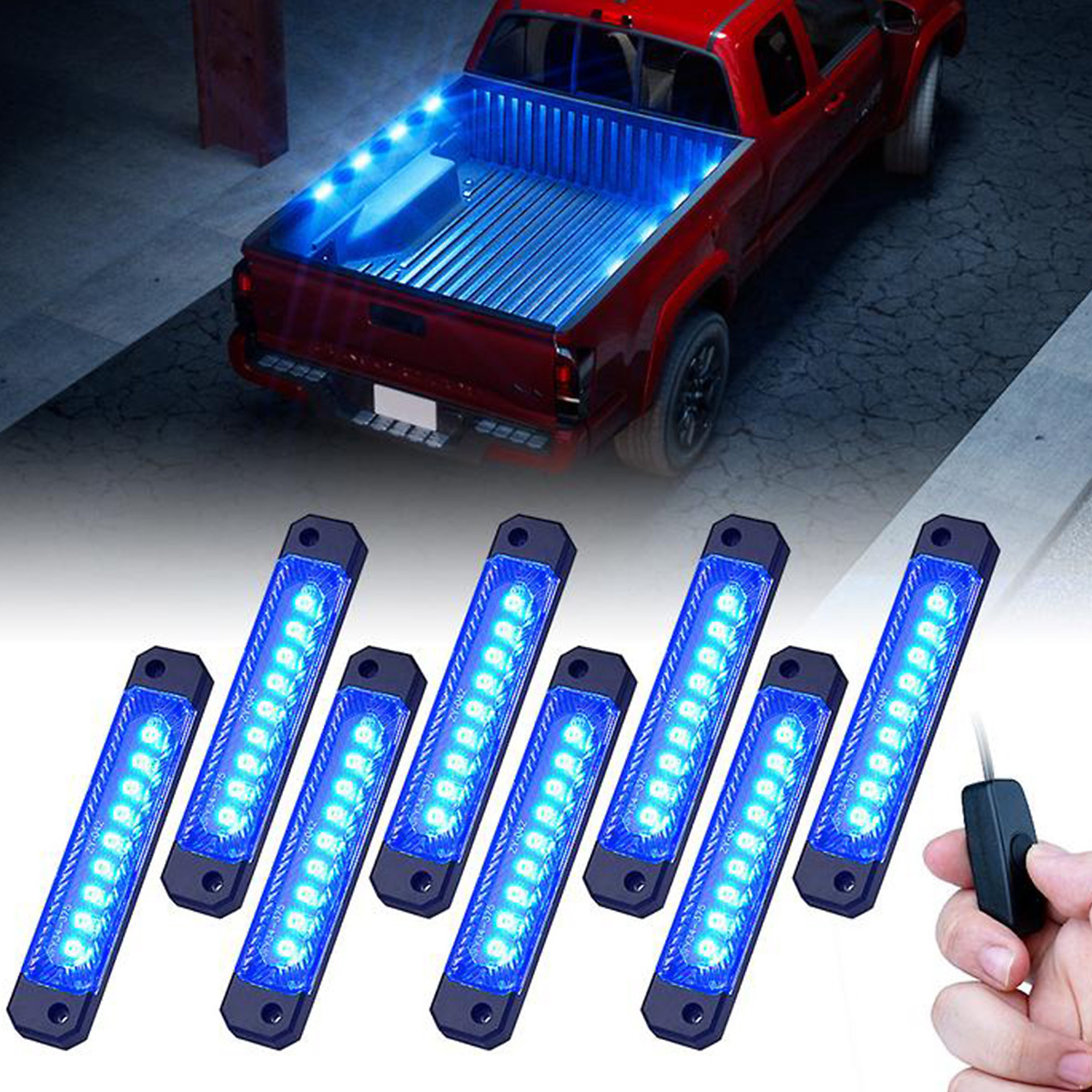 Race Sport Lighting, 8-POD 9-LEDs Bed Rail Kit w/ Toggle Switch - Blue, Light Type LED, Lens Color Clear, Included (qty.) 1 Model 1005164