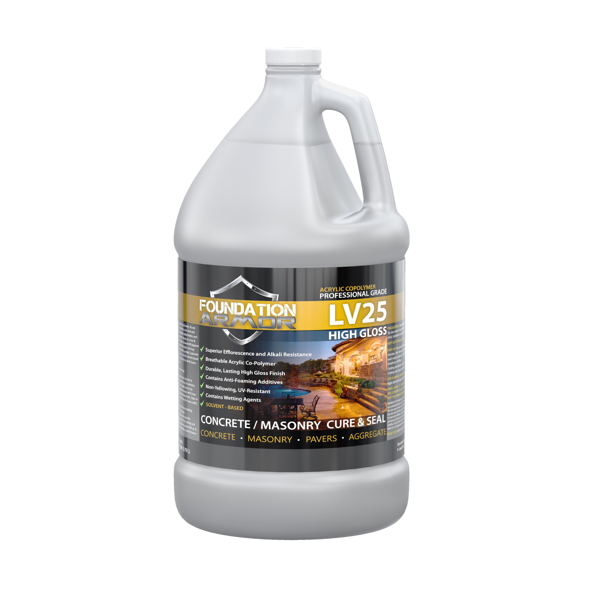 Foundation Armor, High Gloss Concrete Cure and Seal, Container Size 1 Gallon, Color Clear, Application Method Sprayer or Roller, Model LV251GAL