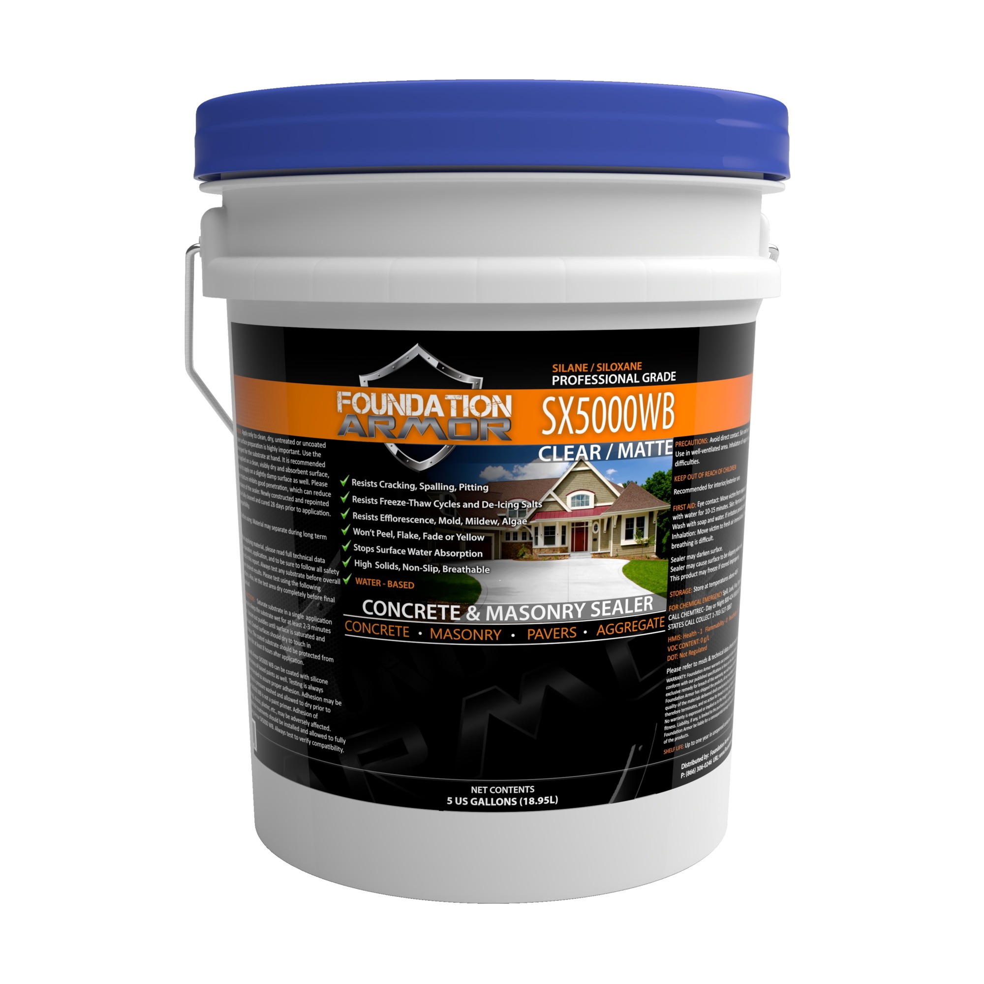 Foundation Armor, WB Silane Siloxane Water Repellent Sealer, Container Size 5 Gallon, Color Clear, Application Method Sprayer, Model SX5000WB5GAL