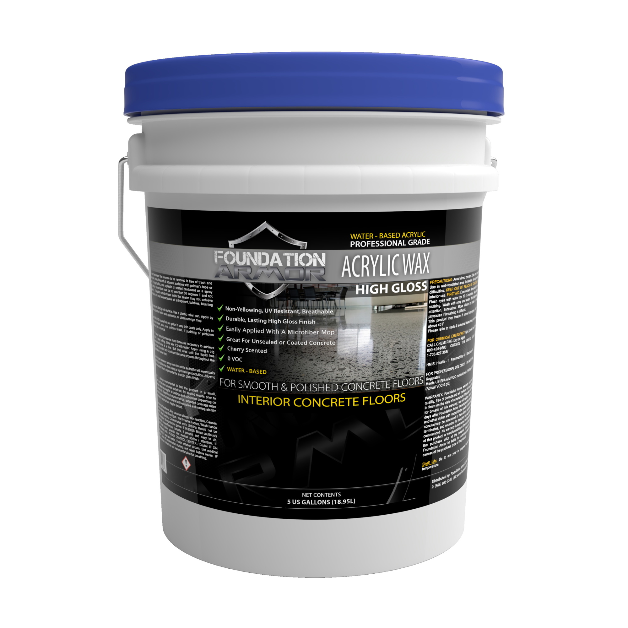 Foundation Armor, High Gloss Concrete Floor Wax, Container Size 5 Gallon, Color Clear, Application Method Microfiber Mop, Model WAXGLOSS5GAL