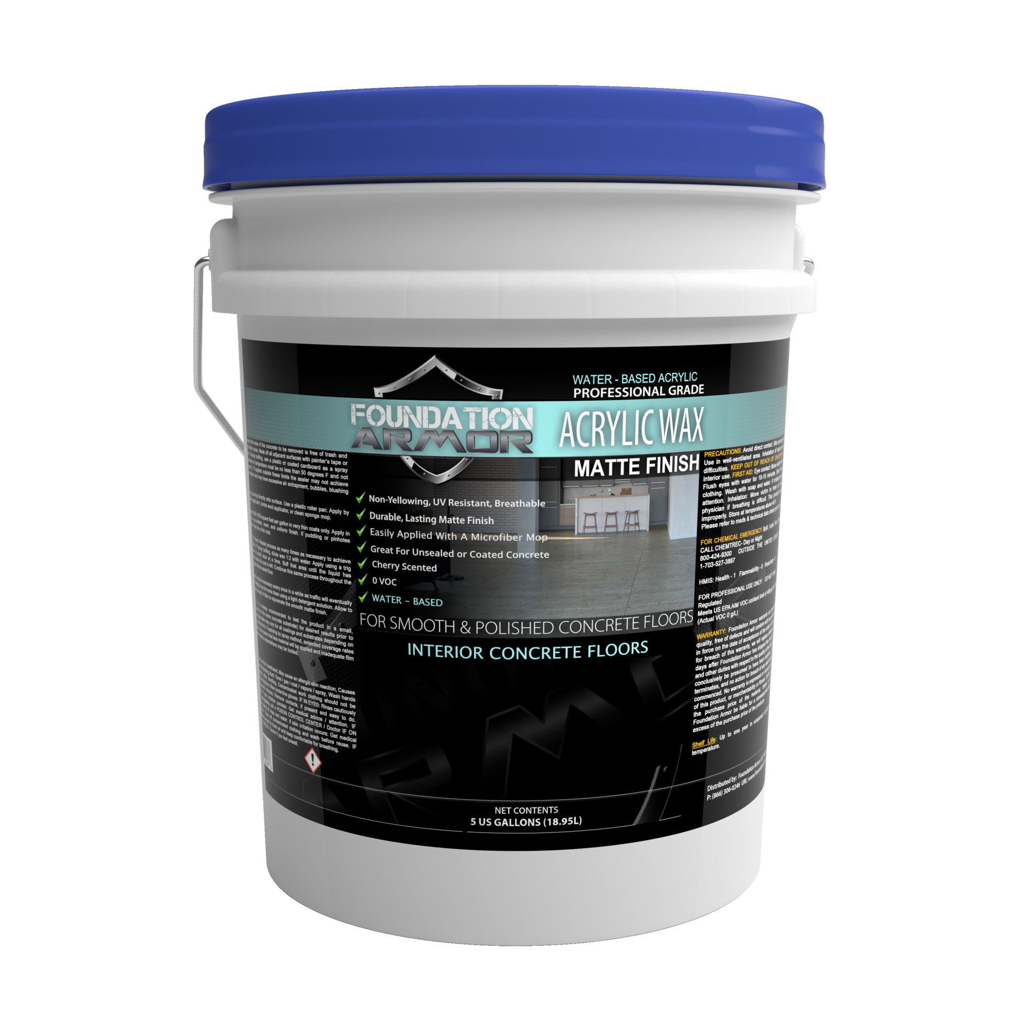 Foundation Armor, Matte Concrete Floor Wax, Container Size 5 Gallon, Color Clear, Application Method Microfiber Mop, Model WAXMATTE5GAL
