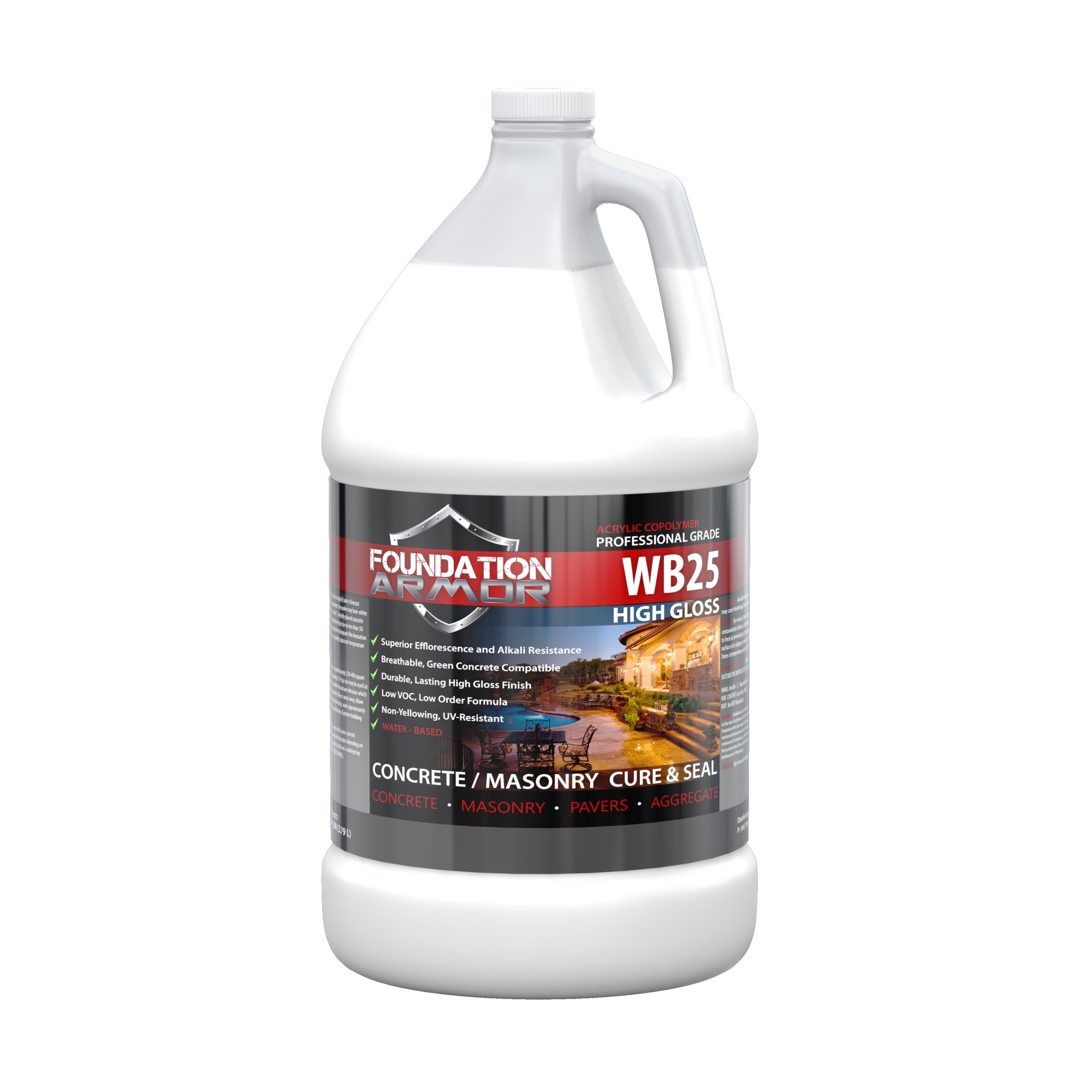 Foundation Armor, High Gloss Water Based Acrylic Concrete Sealer, Container Size 1 Gallon, Color Clear, Application Method Sprayer or Roller, Model