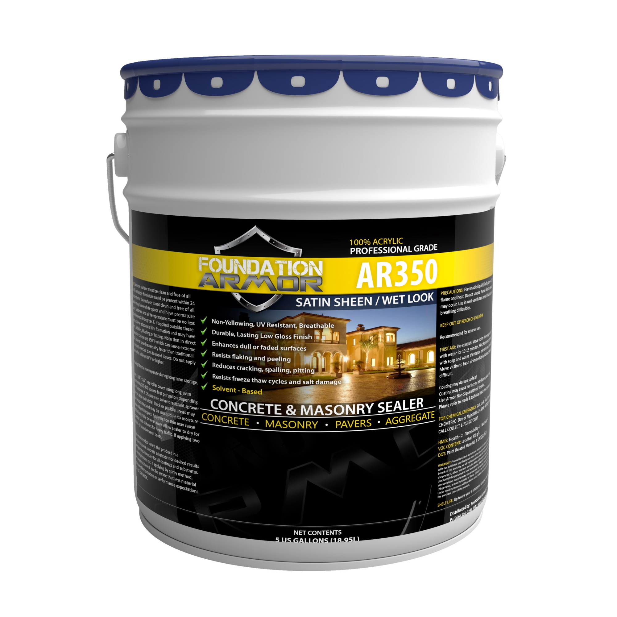 Foundation Armor, Low Gloss Wet Look Concrete and Paver Sealer, Container Size 5 Gallon, Color Clear, Application Method Sprayer or Roller, Model