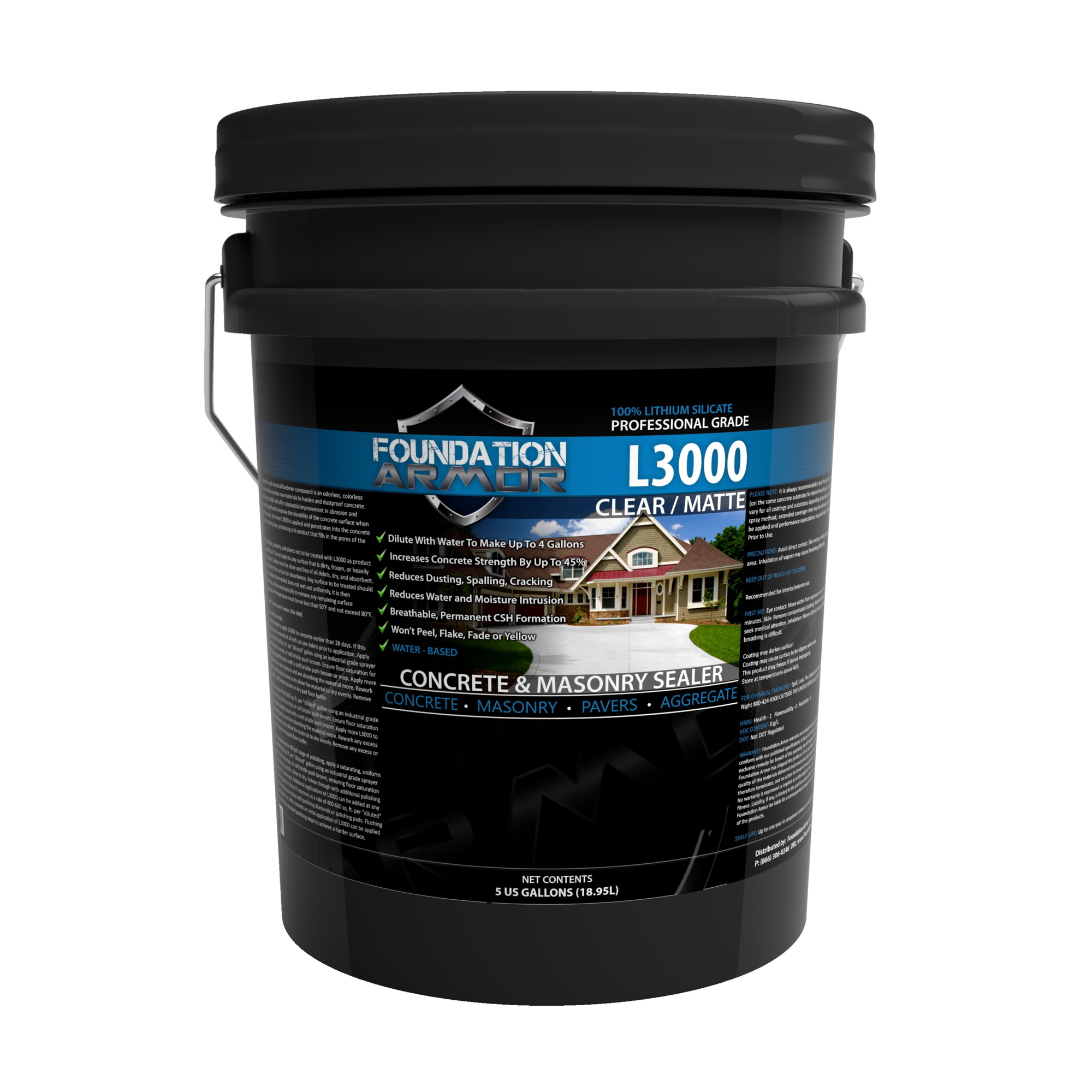 Foundation Armor, Lithium Silicate Concrete Densifier and Hardener, Container Size 5 Gallon, Color Clear, Application Method Sprayer, Model L30005GAL