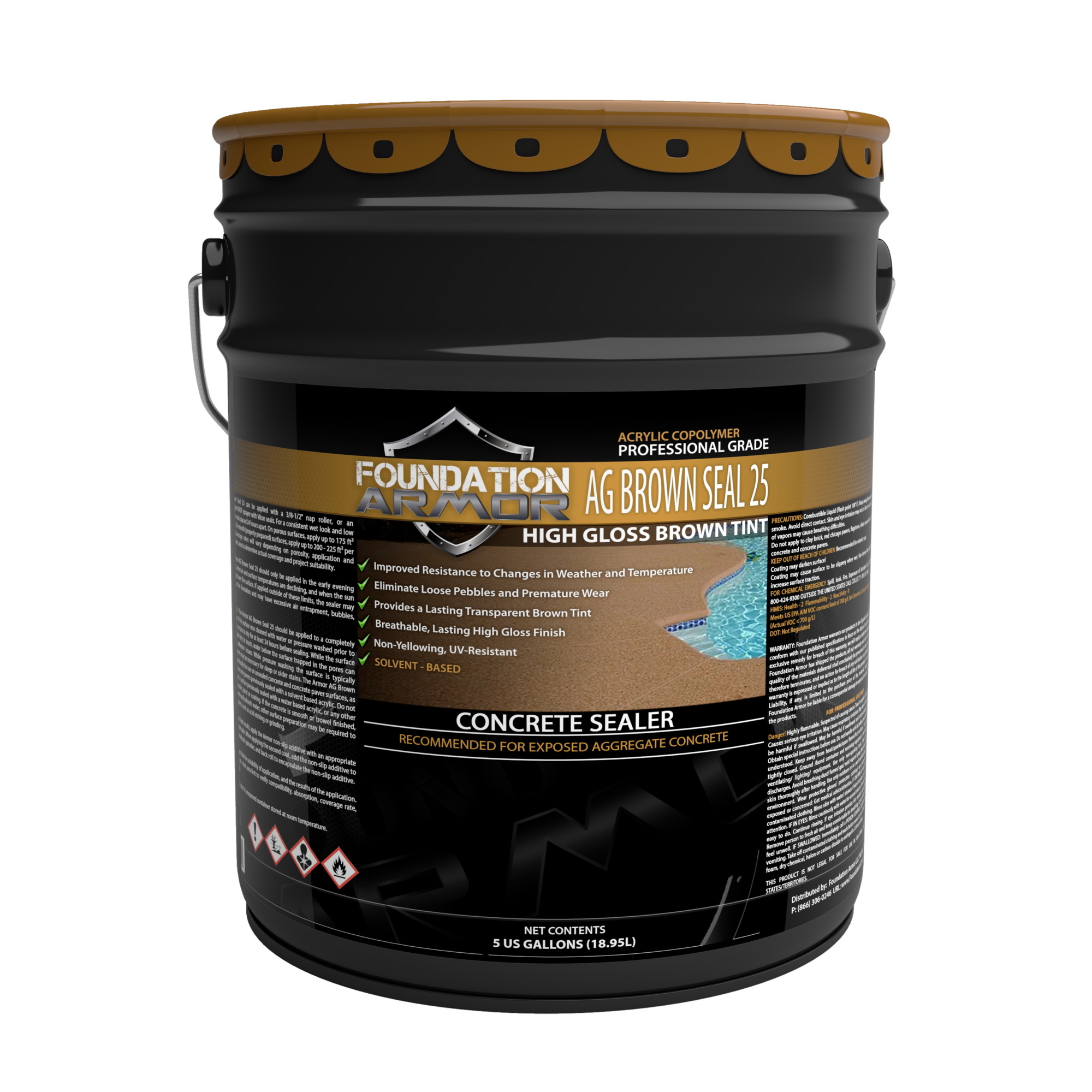 Foundation Armor, Brown-Tinted High Gloss Concrete Sealer, Container Size 5 Gallon, Color Trasparent Brown, Application Method Sprayer or Roller,